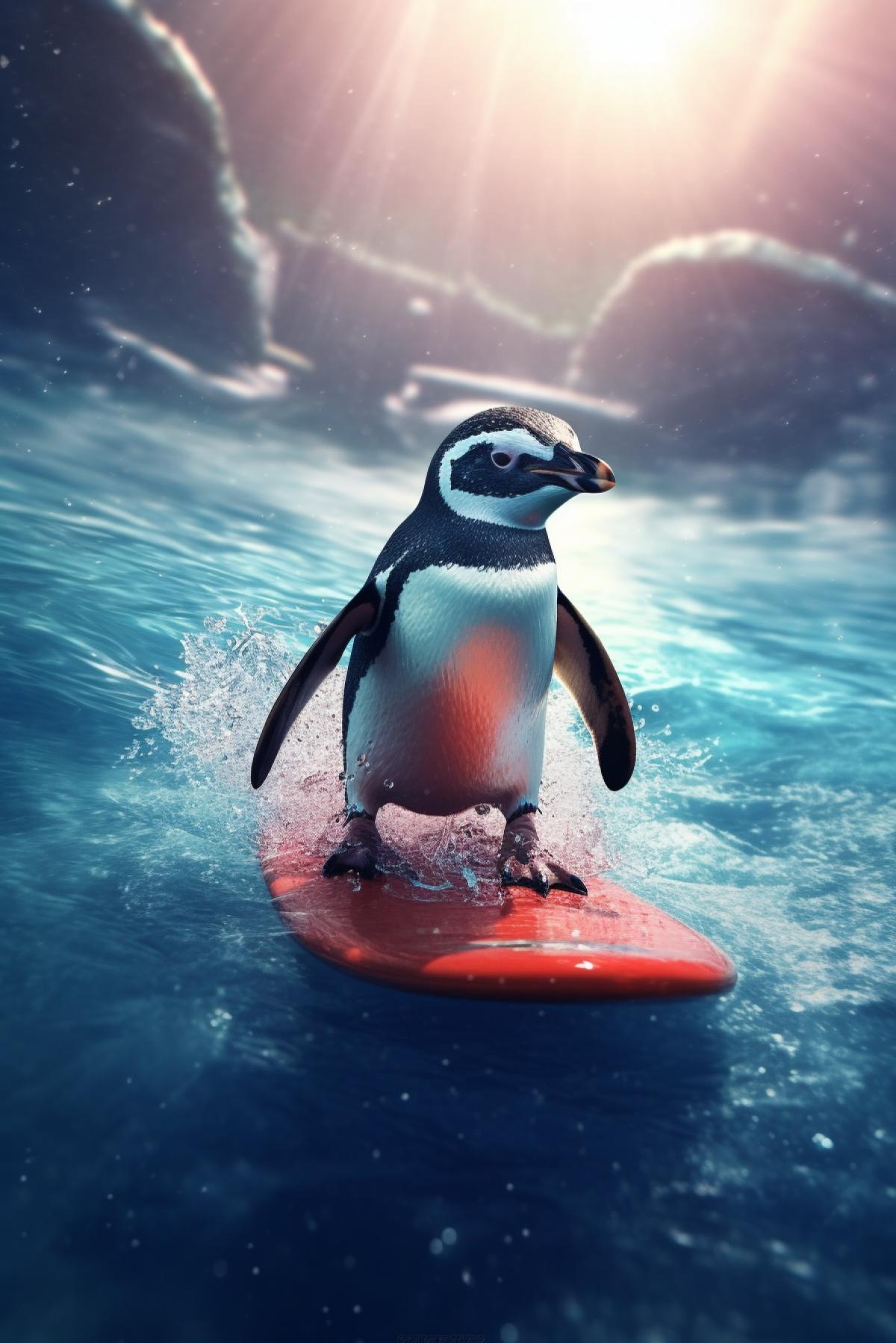 Penguin rides on a swimboard