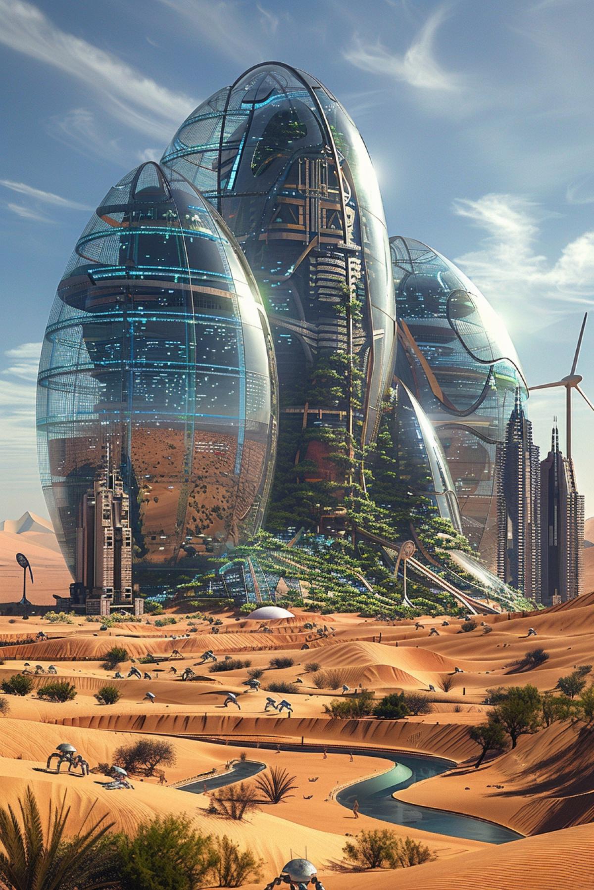 A futuristic desert settlement built under huge domes made of transparent material that protects from the scorching sun. Tall buildings made of metal and glass, reflecting light, are surrounded by systems of water channels and green terraces with plants adapted to the dry climate. Powerful wind turbines and solar panels supply the city with energy. People in light, high-tech suits go about their daily activities. Sand dunes and robot assistants in the desert outside the domes.