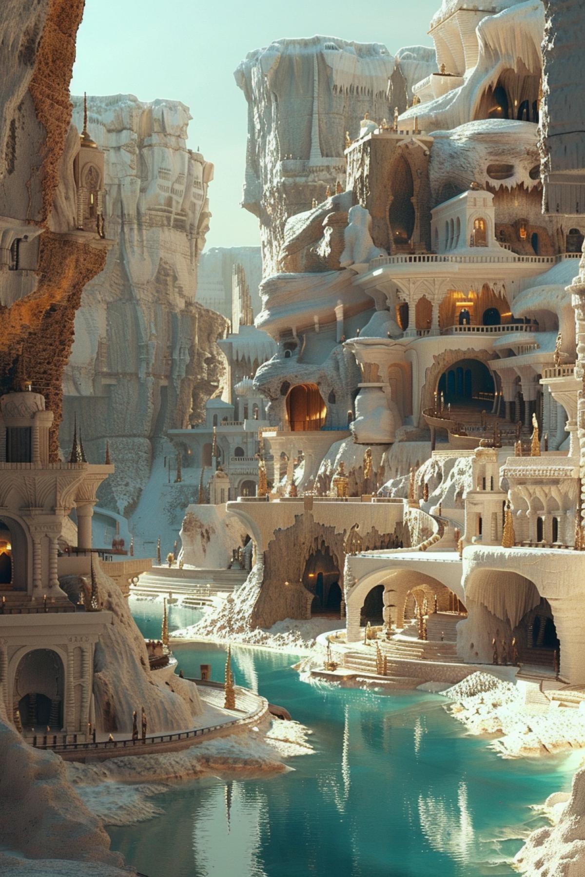 A mythical desert city where the inhabitants are mysterious creatures, similar to ancient gods, with smooth, graceful forms. The city is built of white stone, shining in the suns rays, with monumental statues and temples decorated with gold and precious stones. Narrow canals filled with blue water flow between buildings, creating cool oases. Evening light, magical glow, soft shadows, emphasizing the majestic architecture and mystical atmosphere.