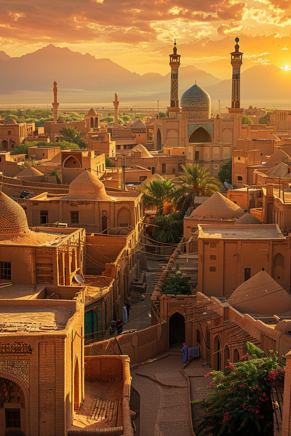 An ancient desert city, built of sandstone and clay, with tall, winding towers and domes, decorated with carvings and mosaics, reflecting the hot rays of the sun. Narrow streets, intertwined with oases where palm trees grow and exotic plants bloom, create shady shelters. People in traditional clothes make pottery and sell spices at the bazaar. The sunset sky with shades of orange and pink, soft lighting gives the scene a magical and cozy look.
