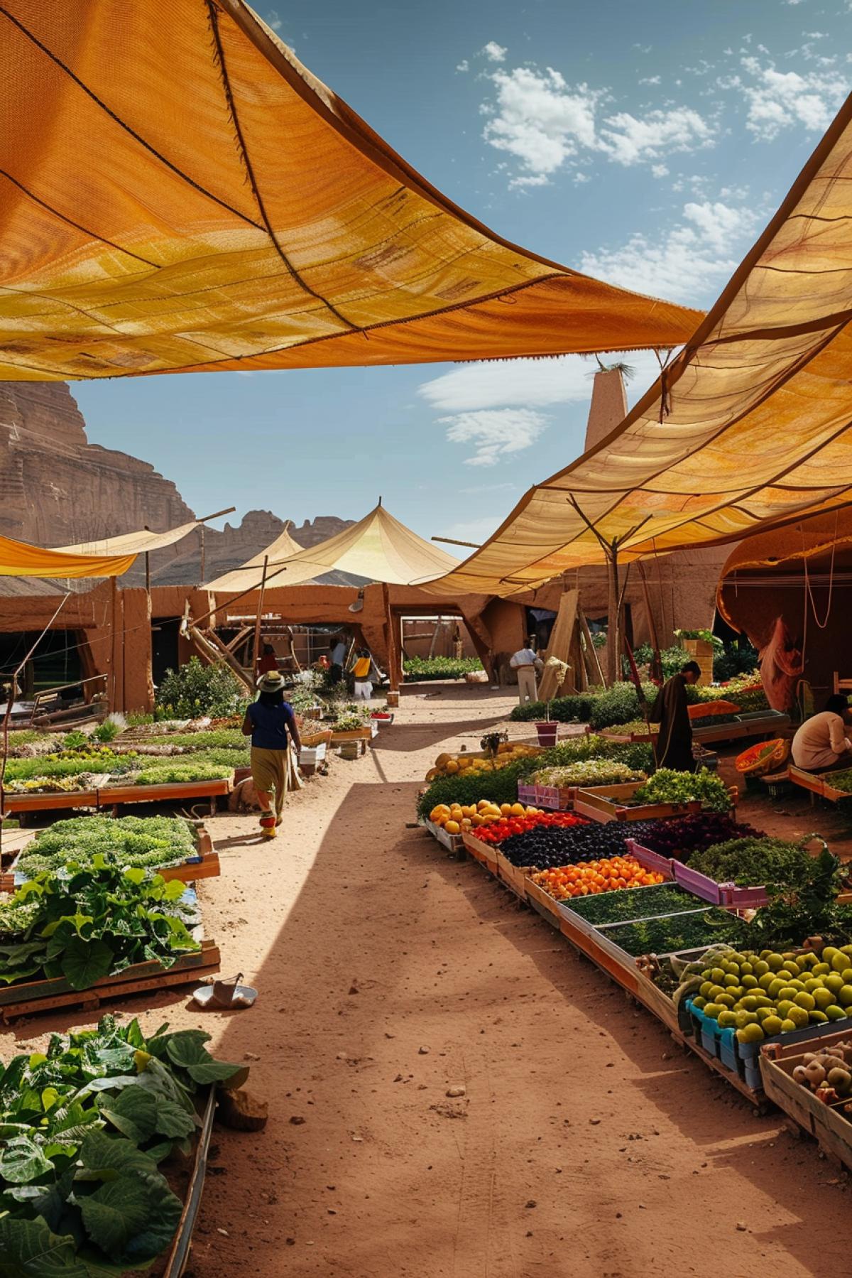 A utopian settlement in the desert where people live in harmony with nature. The eco-homes, built from natural materials, are surrounded by gardens with drought-resistant plants and vertical farms. The center of the town is a large market, covered in shaded sails of colorful fabrics, where locals sell fruits, vegetables and handicrafts. The calm, peaceful atmosphere, muted colors of the desert landscape, blue sky with rare clouds, create a feeling of a peaceful and self-sufficient community.