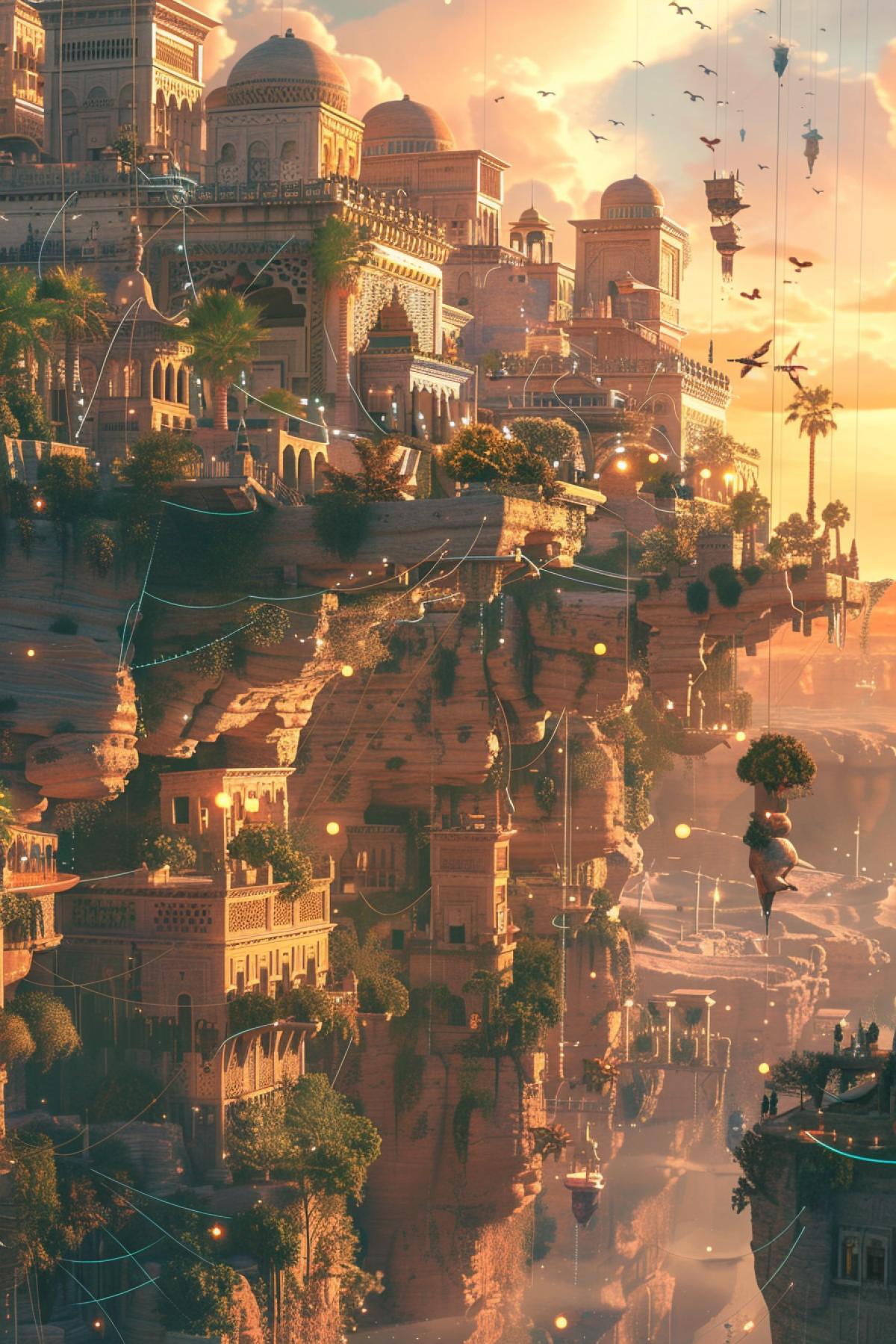 A magical desert city floating in the air on huge stone platforms connected by hanging bridges made of intertwined vines and magical glowing threads. The buildings, carved from quartz sandstone, are decorated with luminous crystals that reflect sunlight. Oases with palm trees and exotic plants on each platform create shady seating areas. Flying ships and creatures hovering around the city, soft, warm sunset colors, a magical glow, emphasizing the fairy-tale atmosphere.