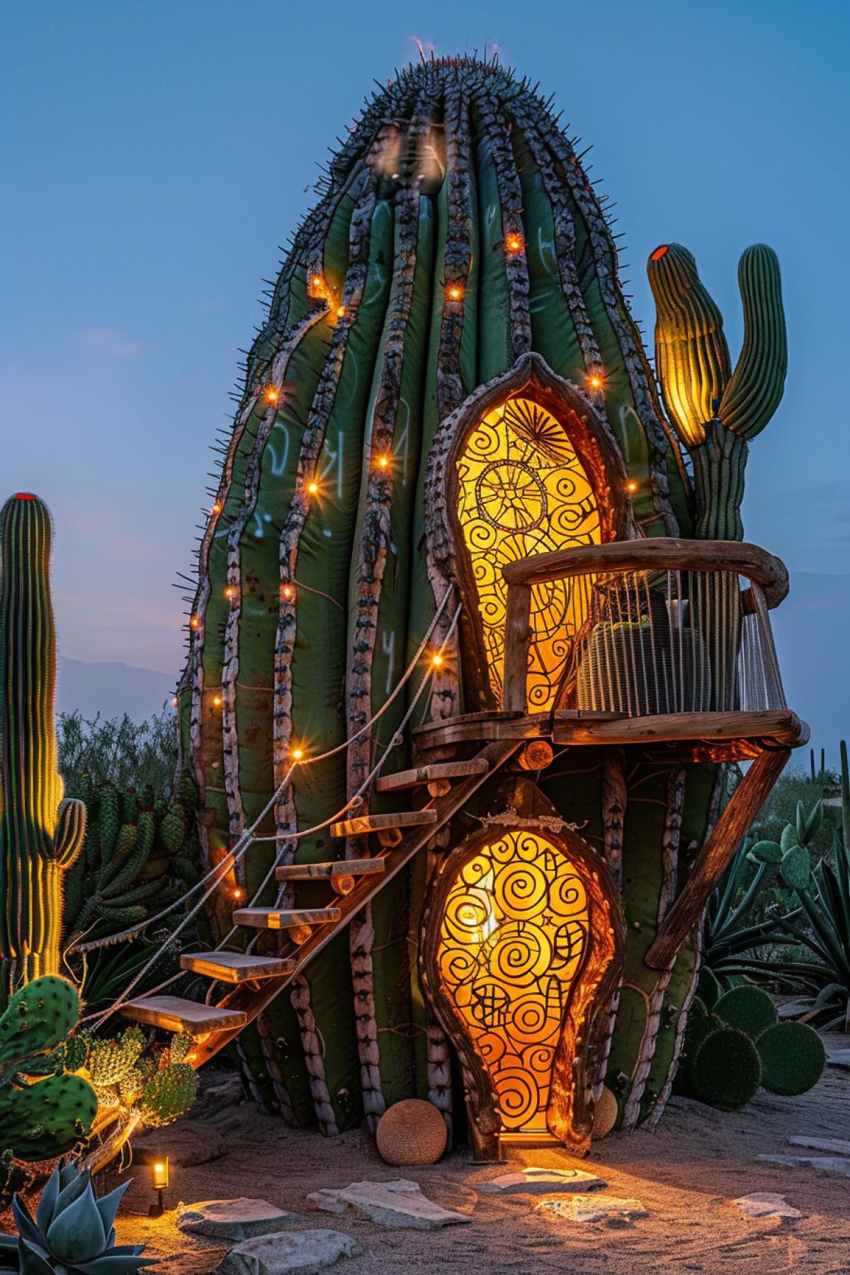 Anthropomorphic desert creatures that live in giant cacti that are hollow inside and turned into homes. These cacti are connected by a system of wooden bridges and rope ladders. The interiors are decorated with carved patterns and glowing insects that illuminate the space. The inhabitants, dressed in cactus cloth, engage in agriculture, growing rare desert plants and raising small desert animals. Bright, rich colors, soft glow, cozy shadows, creating a unique and living world.