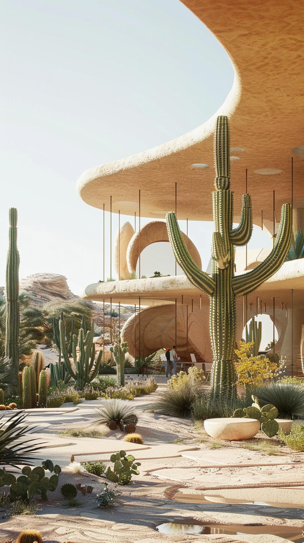 House in the desert, campus with lecture and exhibition hall, iconic buildings similar to the Elbphilharmonie, on the ground floor with circular cutouts, square, active participation of people using the building, Nordic architecture, sandstone and sustainable architecture, tall cacti, predominance of orange, ocher , yellow, blue flowers, Duke and Demiron, Kengo, Kuma, Snohetta, large peacefully, rendering Image