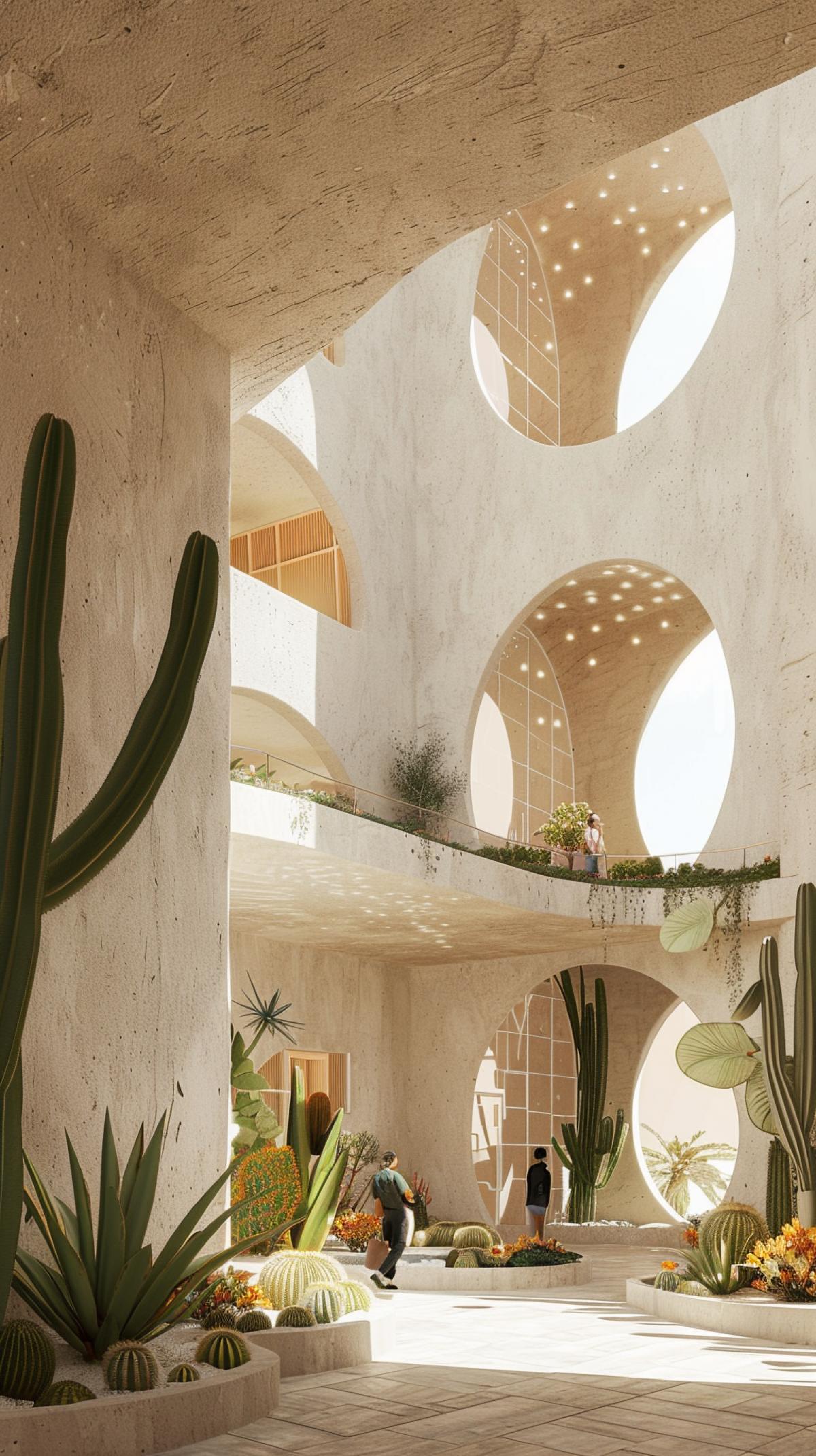 House in the desert, campus with lecture and exhibition hall, iconic buildings similar to the Elbphilharmonie, on the ground floor with circular cutouts, square, active participation of people using the building, Nordic architecture, sandstone and sustainable architecture, tall cacti, predominance of orange, ocher , yellow, blue flowers, Duke and Demiron, Kengo, Kuma, Snohetta, large peacefully, rendering Image