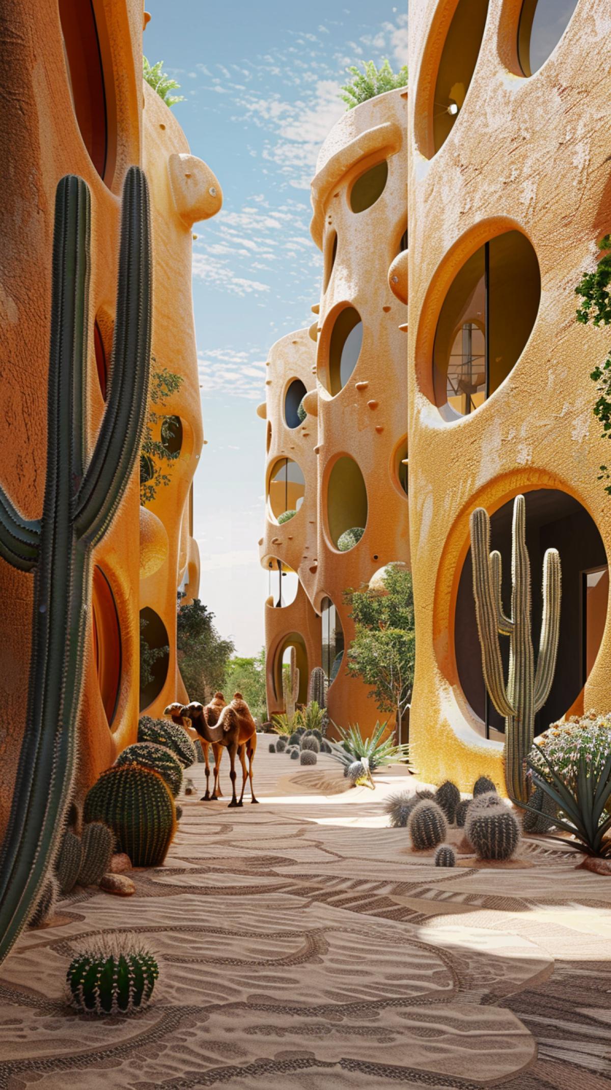 House in the desert, campus with lecture and exhibition hall, iconic buildings similar to the Elbphilharmonie, on the ground floor with circular cutouts, square, a camel caravan passes between the buildings using the building, Scandinavian architecture, sandstone and sustainable architecture, tall cacti, orange predominates , ocher, yellow, blue, white paints, Duke and Demiron, Kengo, Kuma, Snohetta, peacefully, large image rendering
