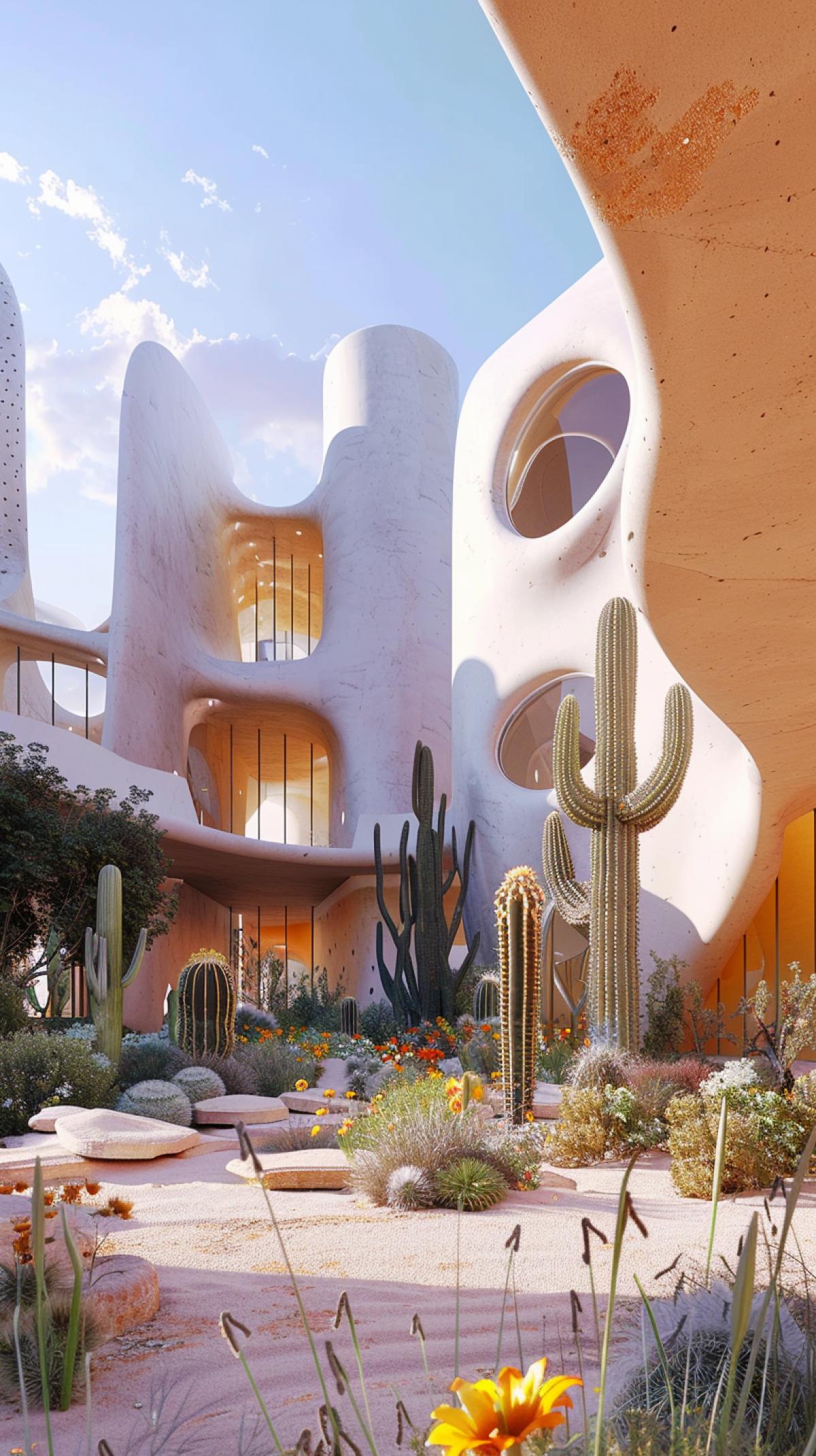 House in the desert, campus with lecture and exhibition hall, iconic buildings similar to the Elbphilharmonie, on the ground floor with circular cutouts, square, active participation of people using the building, Nordic architecture, sandstone and sustainable architecture, tall cacti, predominance of orange, ocher , yellow, blue flowers, Duke and Demiron, Kengo, Kuma, Snohetta, large peacefully, rendering Image