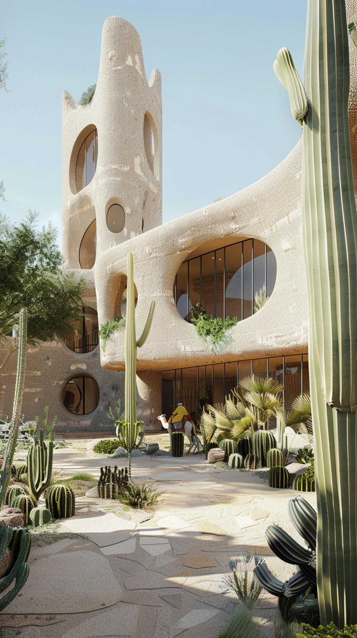 House in the desert, campus with lecture and exhibition hall, iconic buildings similar to the Elbphilharmonie, on the ground floor with circular cutouts, square, a camel caravan passes between the buildings using the building, Scandinavian architecture, sandstone and sustainable architecture, tall cacti, orange predominates , ocher, yellow, blue, white paints, Duke and Demiron, Kengo, Kuma, Snohetta, peacefully, large image rendering
