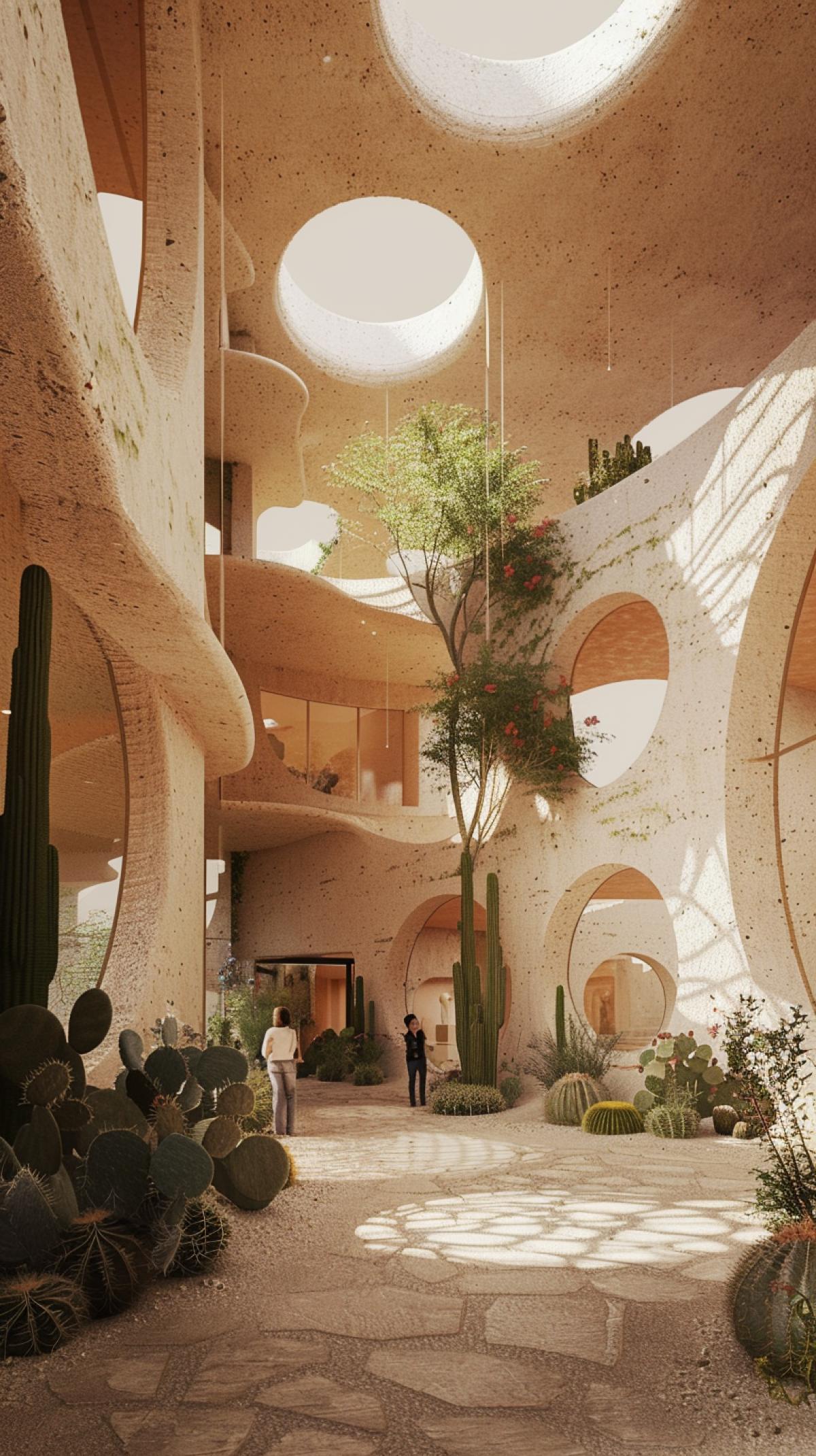 House in the desert, campus with lecture and exhibition hall, iconic buildings similar to the Elbphilharmonie, on the ground floor with circular cutouts, square, active participation of people using the building, Nordic architecture, sandstone and sustainable architecture, tall cacti, predominance of orange, ocher , yellow, blue flowers, Duke and Demiron, Kengo, Kuma, Snohetta, large peacefully, rendering Image