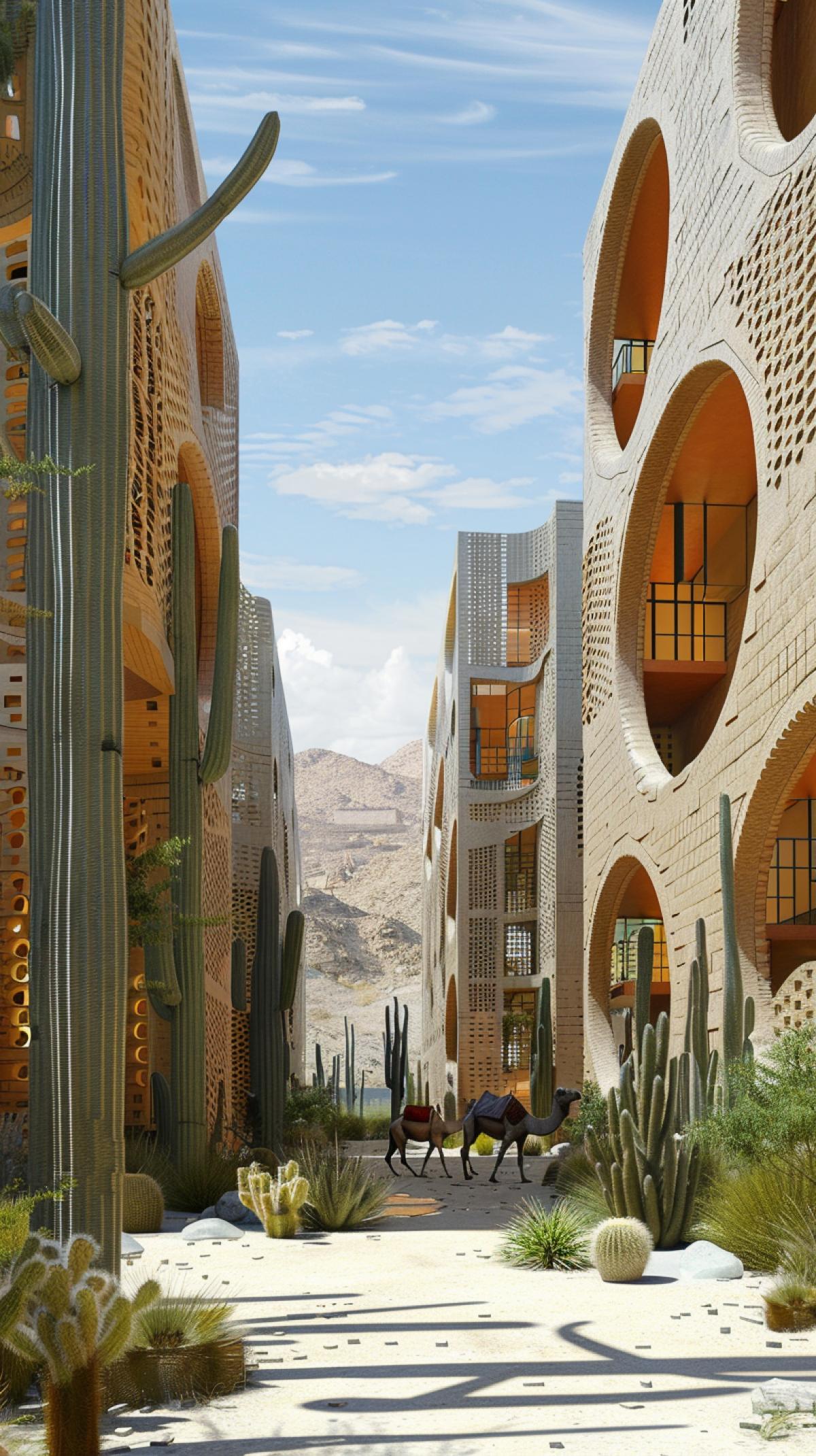 House in the desert, campus with lecture and exhibition hall, iconic buildings similar to the Elbphilharmonie, on the ground floor with circular cutouts, square, a camel caravan passes between the buildings using the building, Scandinavian architecture, sandstone and sustainable architecture, tall cacti, orange predominates , ocher, yellow, blue, white paints, Duke and Demiron, Kengo, Kuma, Snohetta, peacefully, large image rendering