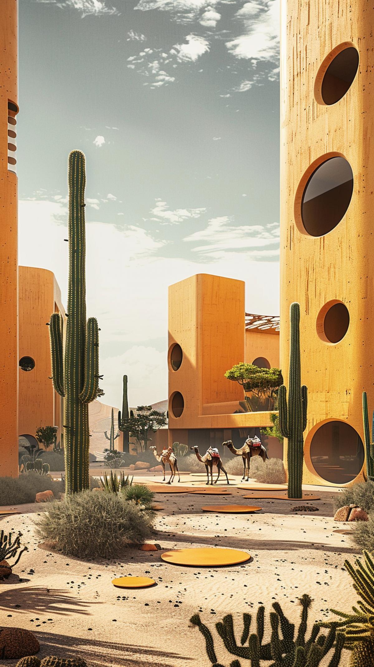 House in the desert, campus with lecture and exhibition hall, iconic buildings similar to the Elbphilharmonie, on the ground floor with circular cutouts, square, a camel caravan passes between the buildings using the building, Scandinavian architecture, sandstone and sustainable architecture, tall cacti, orange predominates , ocher, yellow, blue, white paints, Duke and Demiron, Kengo, Kuma, Snohetta, peacefully, large image rendering