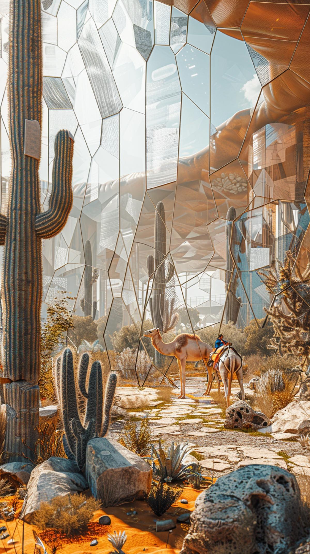 3d painting+panel, glass polygonal surface com4k, orange desert landscape with dunes+sandstone house, campus with lecture and exhibition hall, iconic buildings similar to the Elbphilharmonie, on the ground floor with circular cutouts, square, camel caravan passes between the buildings, Scandinavian architecture, sandstone and sustainable architecture, tall cacti, orange color predominates, ocher, blue, white paints, Duke and Demiron, Kengo, Kuma, Snøhetta, peacefully, gloss large image rendering gradient, skylight, photo