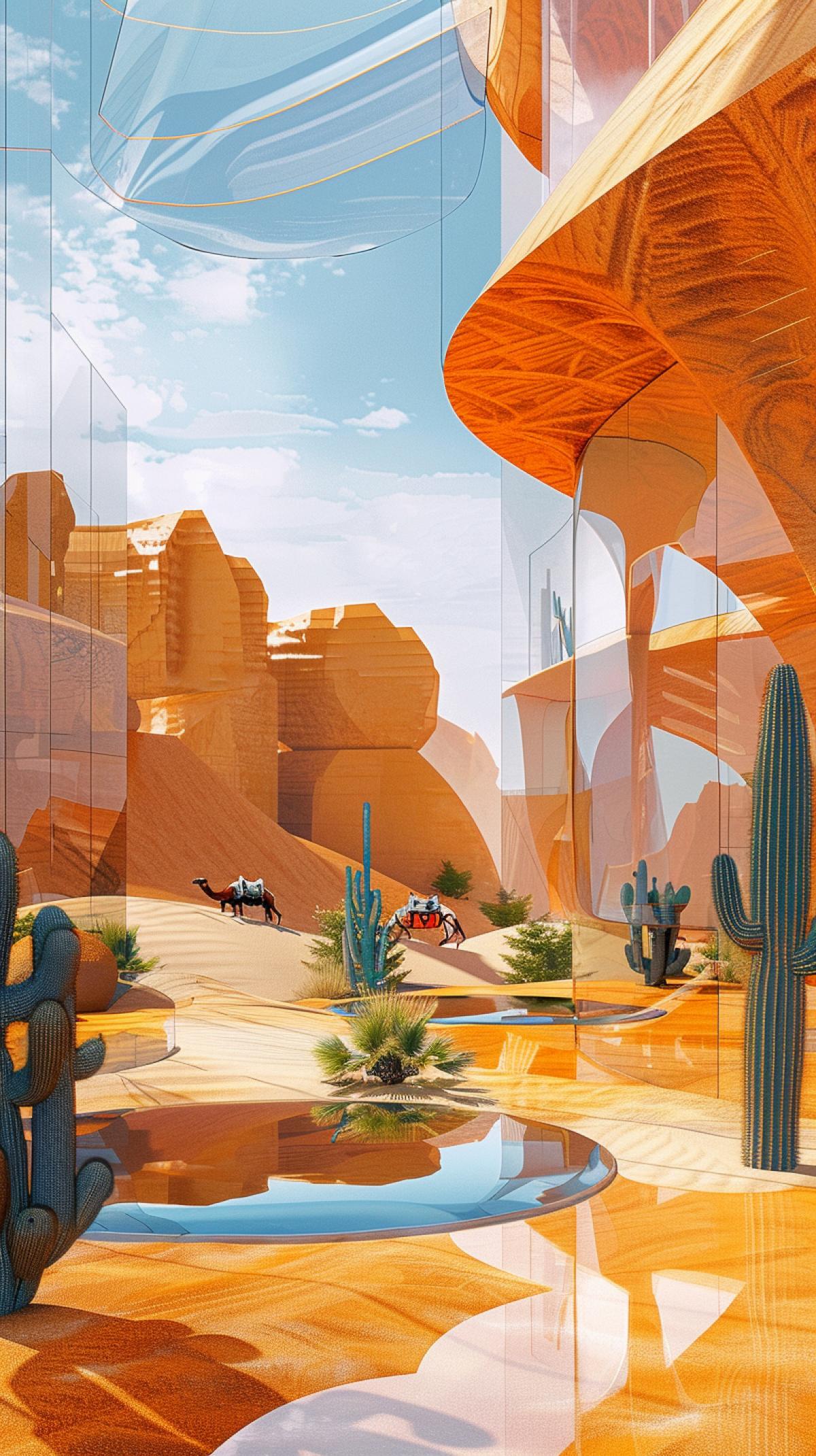 3d painting+panel, glass polygonal surface com4k, orange desert landscape with dunes+sandstone house, campus with lecture and exhibition hall, iconic buildings similar to the Elbphilharmonie, on the ground floor with circular cutouts, square, camel caravan passes between the buildings, Scandinavian architecture, sandstone and sustainable architecture, tall cacti, orange color predominates, ocher, blue, white paints, Duke and Demiron, Kengo, Kuma, Snøhetta, peacefully, gloss large image rendering gradient, skylight, photo