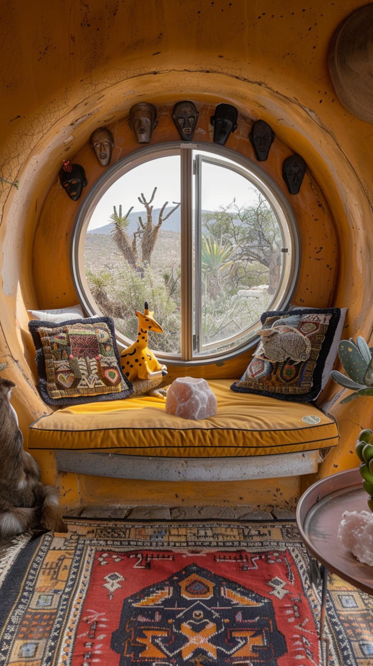 View inside a modern African home with a round shape made of sandstone, visible pores, in the desert, round windows, a couch with pillows embroidered with ethnic Afro patterns, a salt lamp, a carpet with an ethnic pattern, a porcelain figyellow water of a giraffe on a small oval table, a bunch of bananas, along the walls dark African masks hung