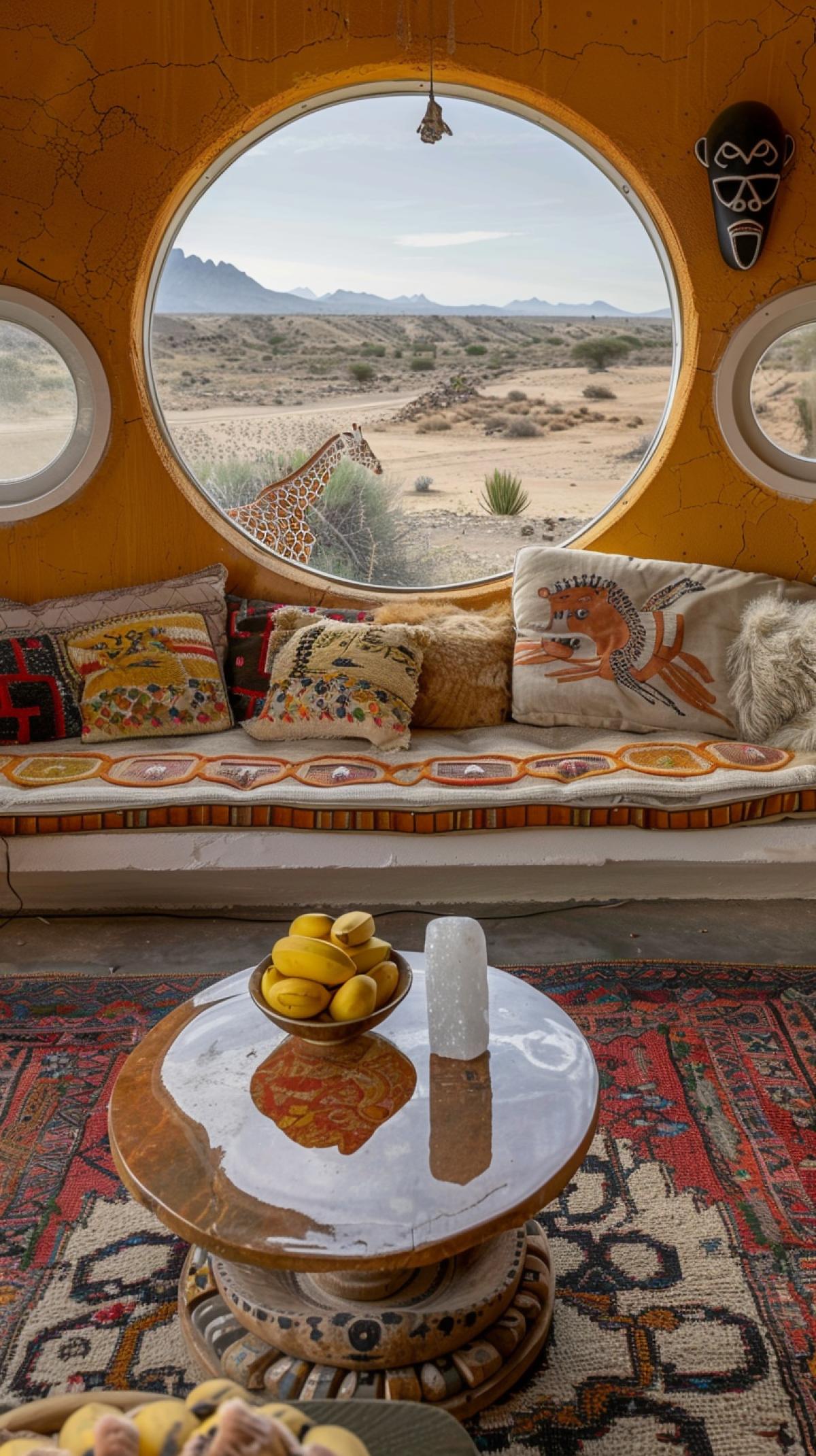 View inside a modern African home with a round shape made of sandstone, visible pores, in the desert, round windows, a couch with pillows embroidered with ethnic Afro patterns, a salt lamp, a carpet with an ethnic pattern, a porcelain figyellow water of a giraffe on a small oval table, a bunch of bananas, along the walls dark African masks hung