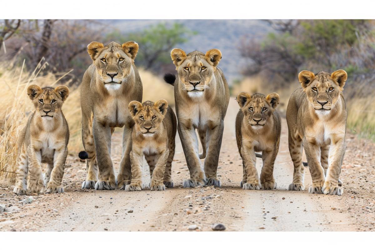 a civilized family of civilized lions in a civilized desert