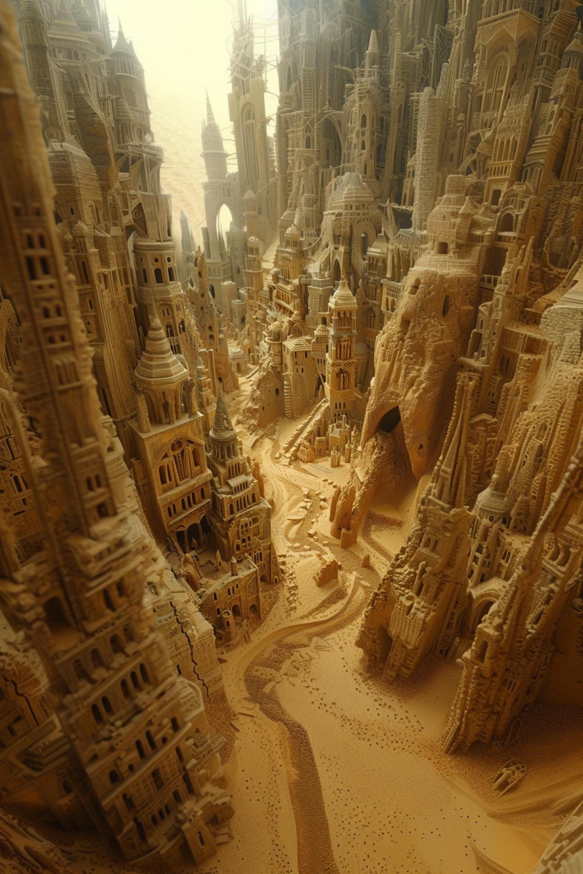 City covered with sand, civilization, flickering, realistic image, ancient world, parallel world, riddle, mystery, clear details