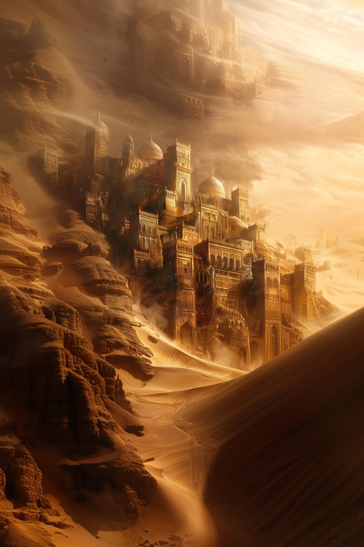 City covered with sand, civilization, flickering, realistic image, ancient world, parallel world, riddle, mystery, clear details