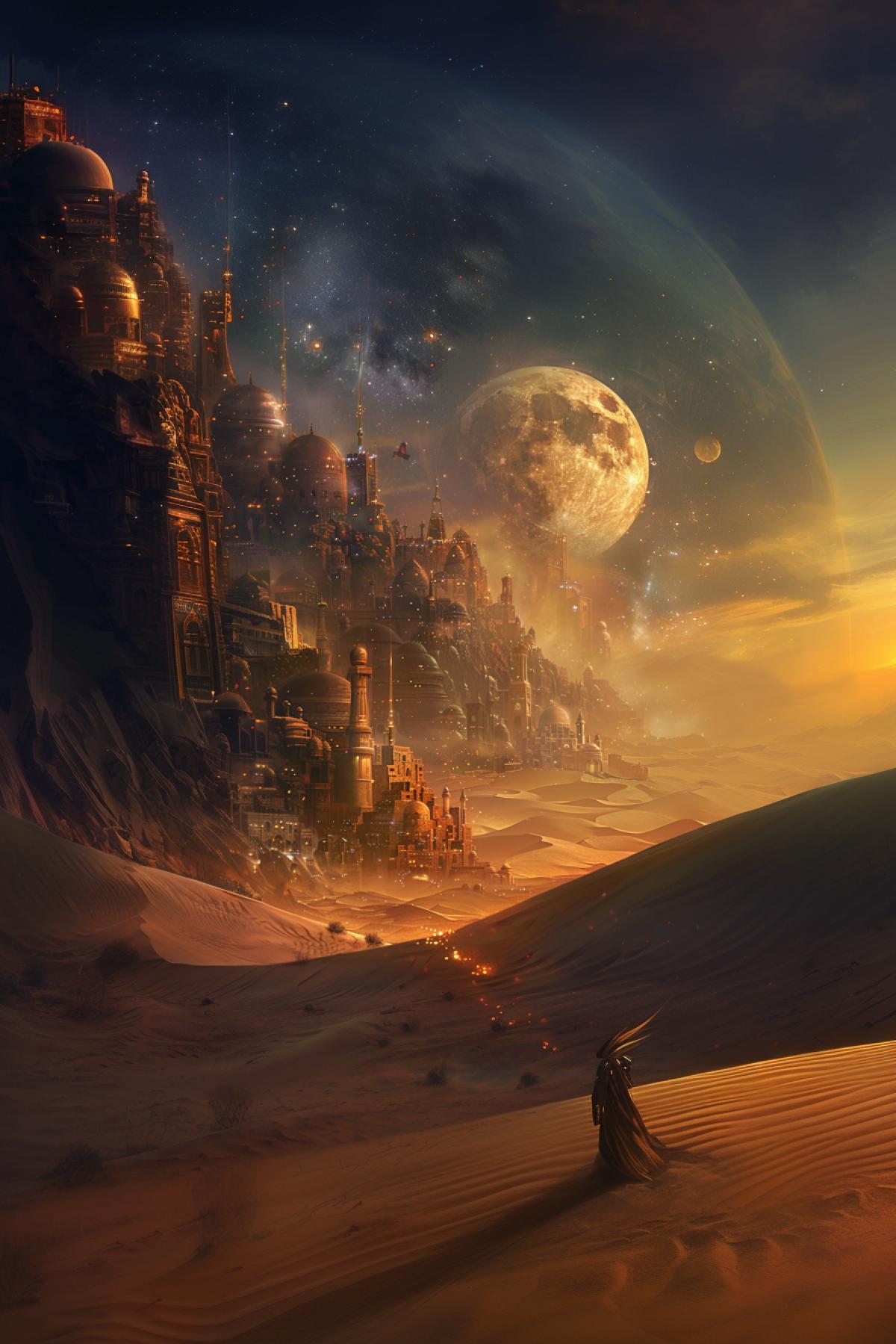 City covered with sand, civilization, flickering, realistic image, ancient world, parallel world, riddle, secret, clear details, night, stars, moonlight illuminates the city, friends planet, cosmic nature