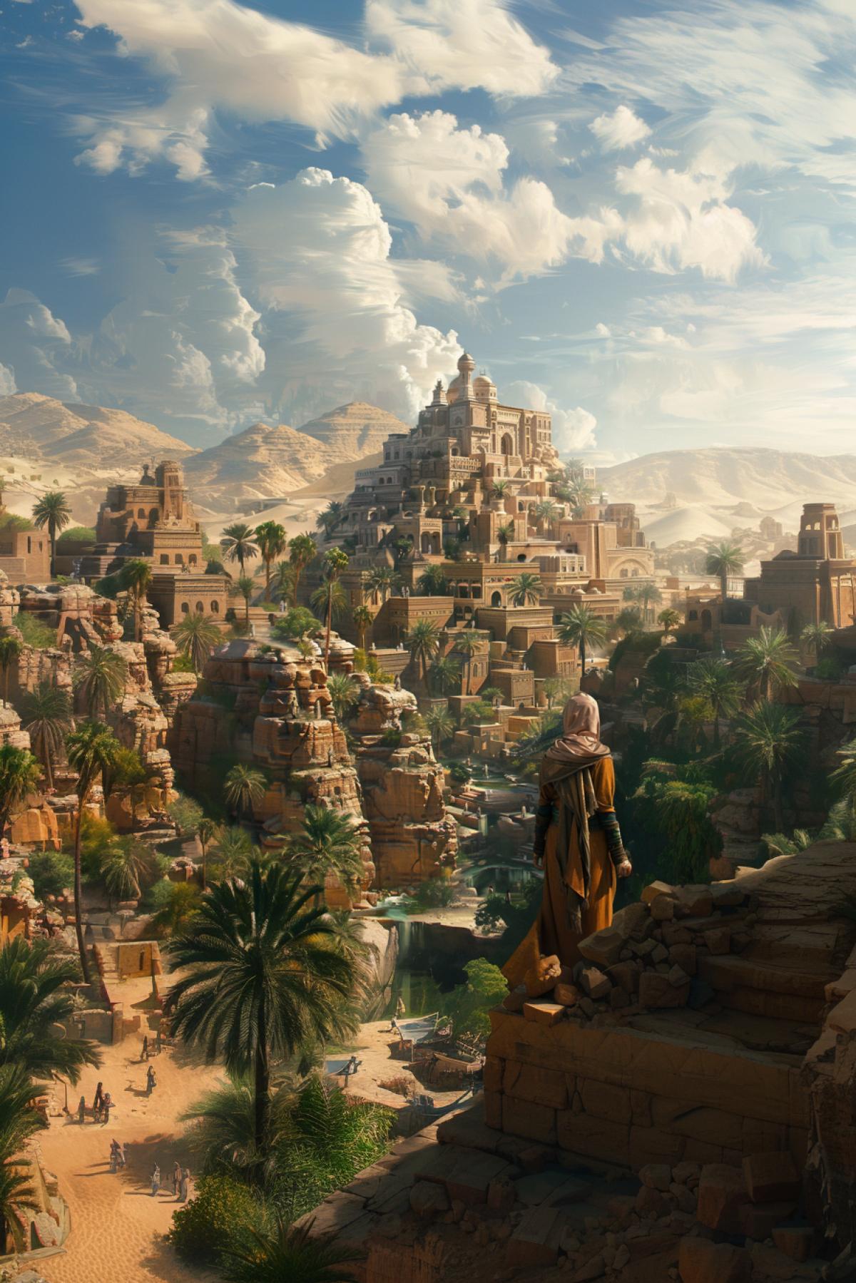 desert civilization, ethnic people. . city, oasis, criticism. realistic image, fairy tale world
