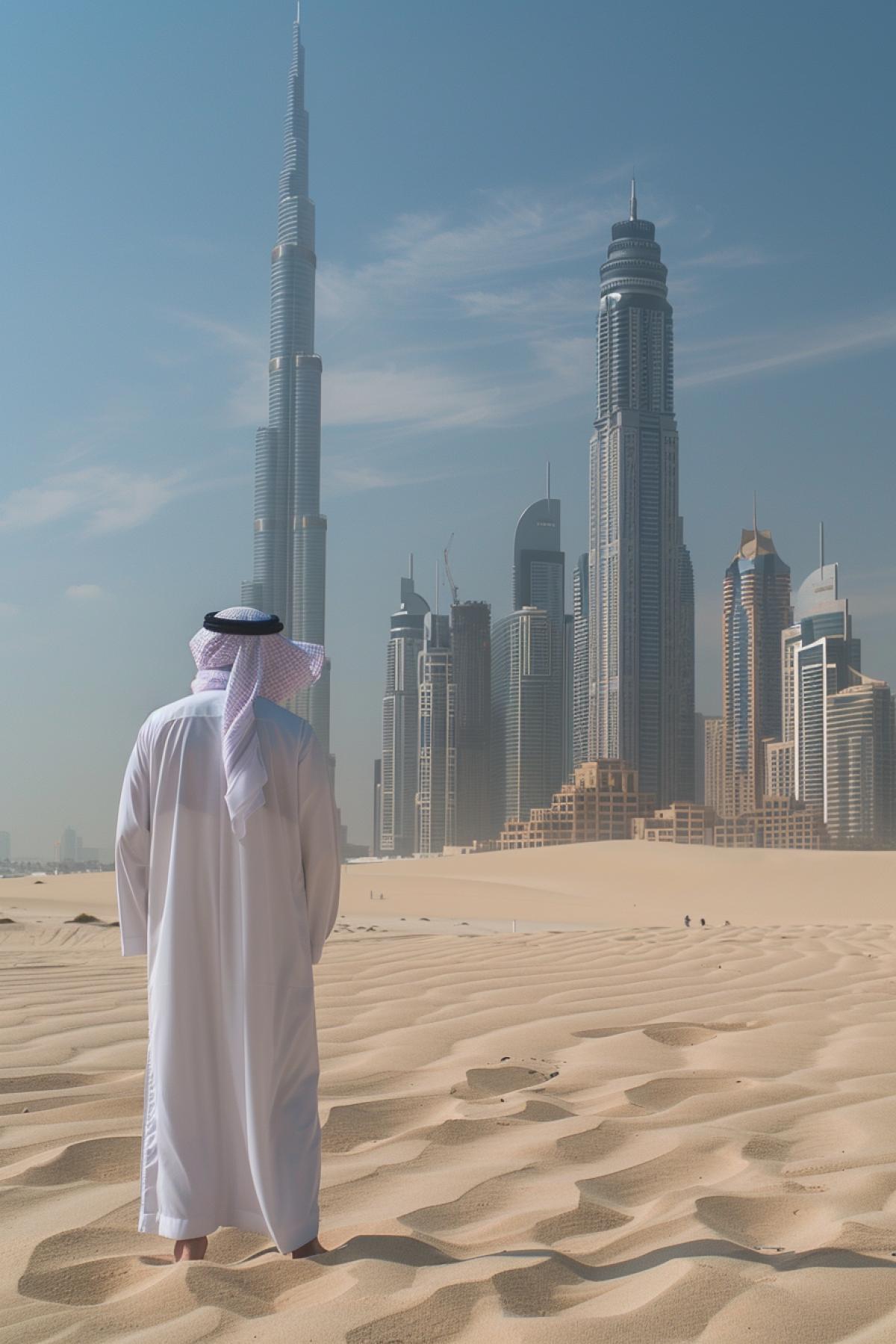 Dubai is the city of the future in the middle of the desert. In the foreground, an Arab sheikh is depicted inviting you to come and explore the city.