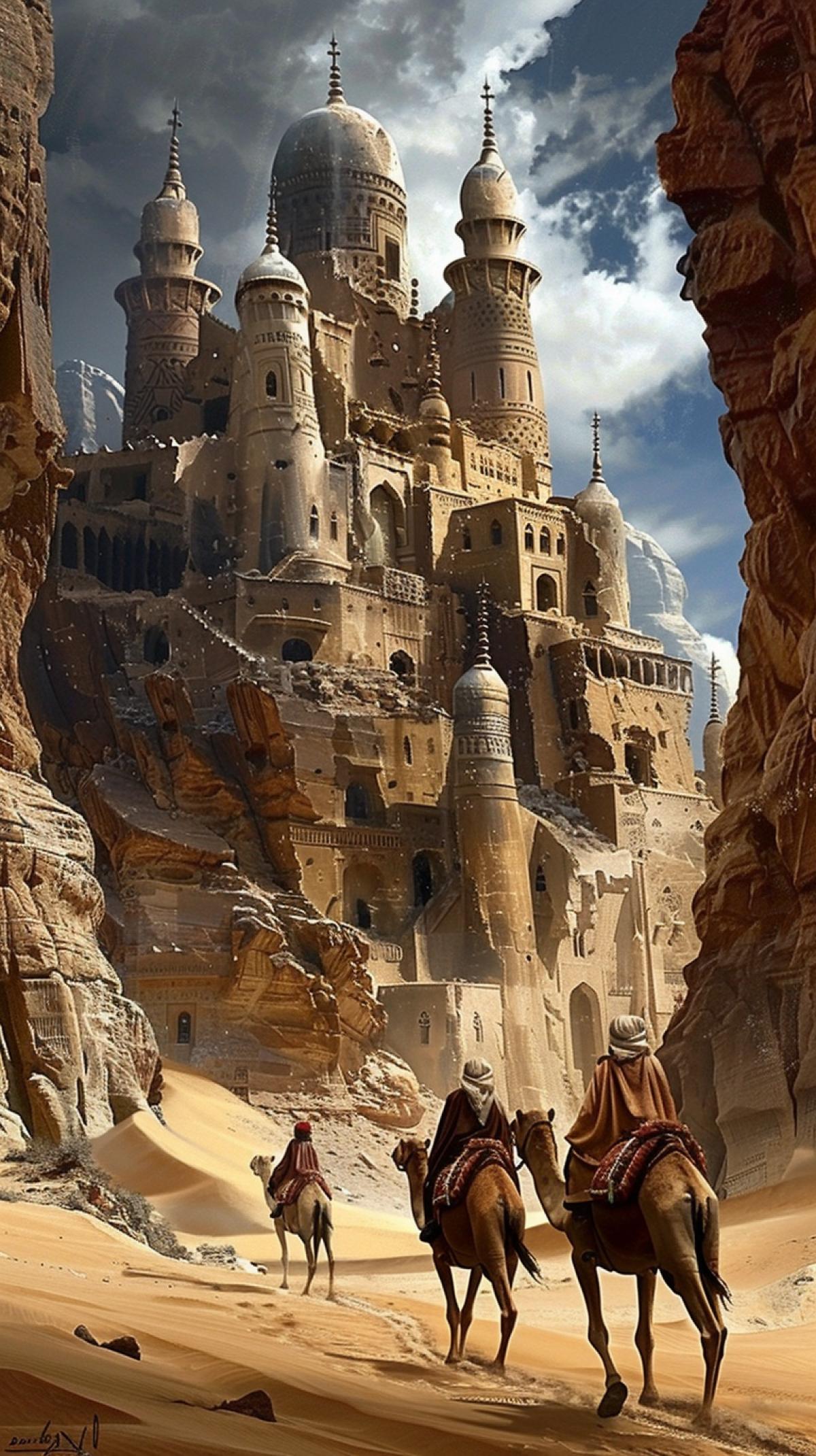 Bedouins riding on beautiful camels, past a quaint sandstone town in the dune desert, detailed image, hyper-realistic, ocher, white and dark