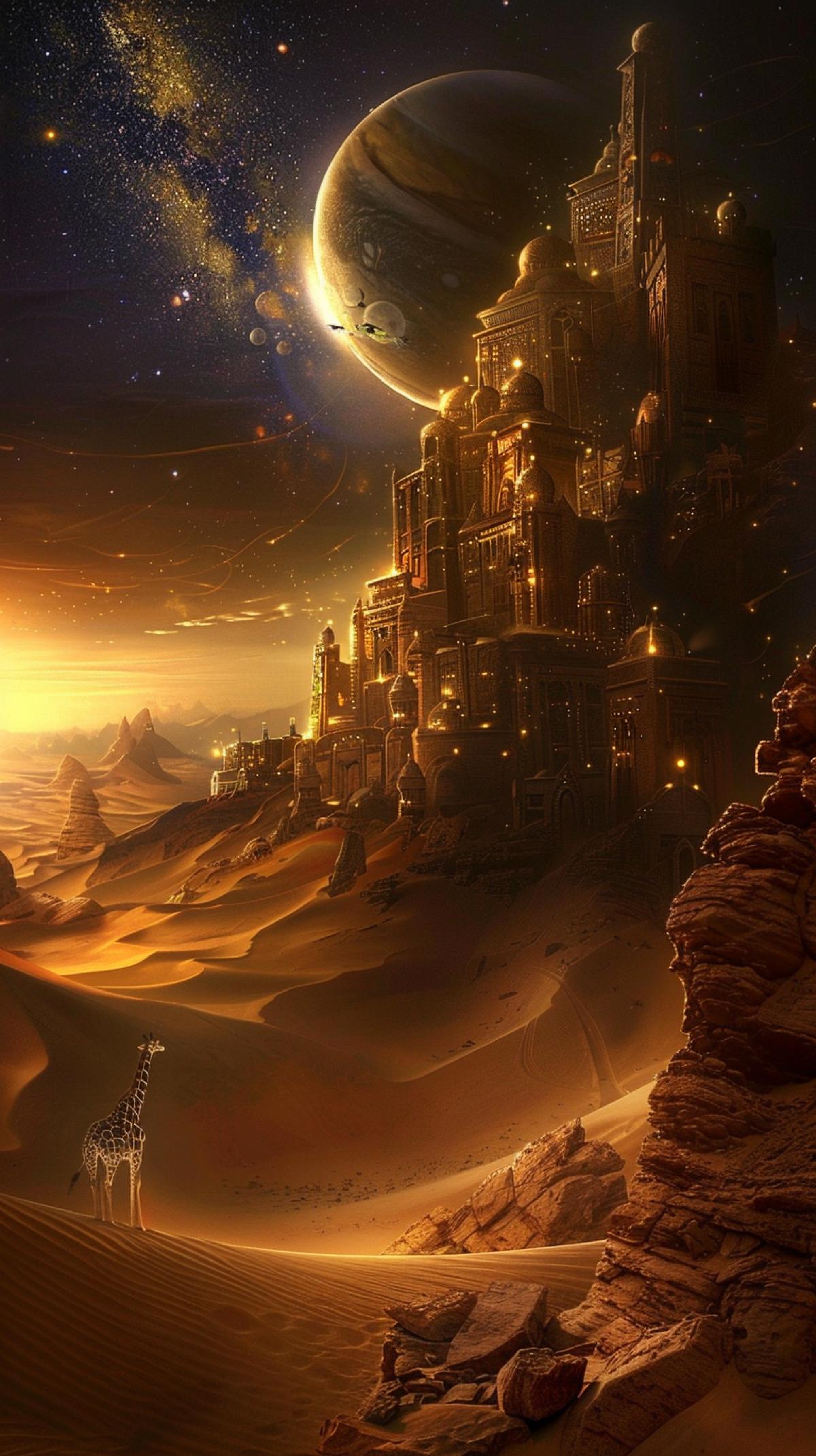 City in the desert, civilization, flickering, realistic image, ancient world, parallel world, riddle, mystery, clear details, night, stars, the light of Saturn illuminates the city, two giraffes intertwined their necks in a love dance, planet, cosmic nature