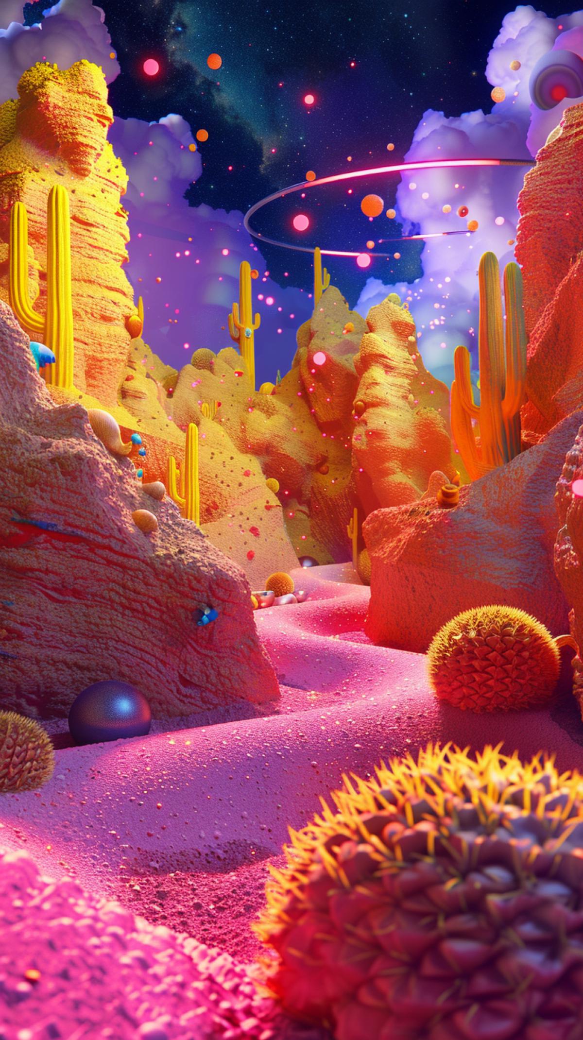 landscape in the desert: night, a castle made of sand of rounded shapes, pink sand, yellow tubular trees, a landscape of cacti, balls of grass Tumbleweeds, a cluster of clouds, a small chameleon, flying spheres, beautiful tenderness, glitter sparkles, the wind blows, textured dark sand , 3D, neon rays of light, yellow, orange, symbiosis, horror, dark pumice, smoke, movement of velvety dunes, surrealism, hyper-detailed, hyperrealism, HDR, high resolution