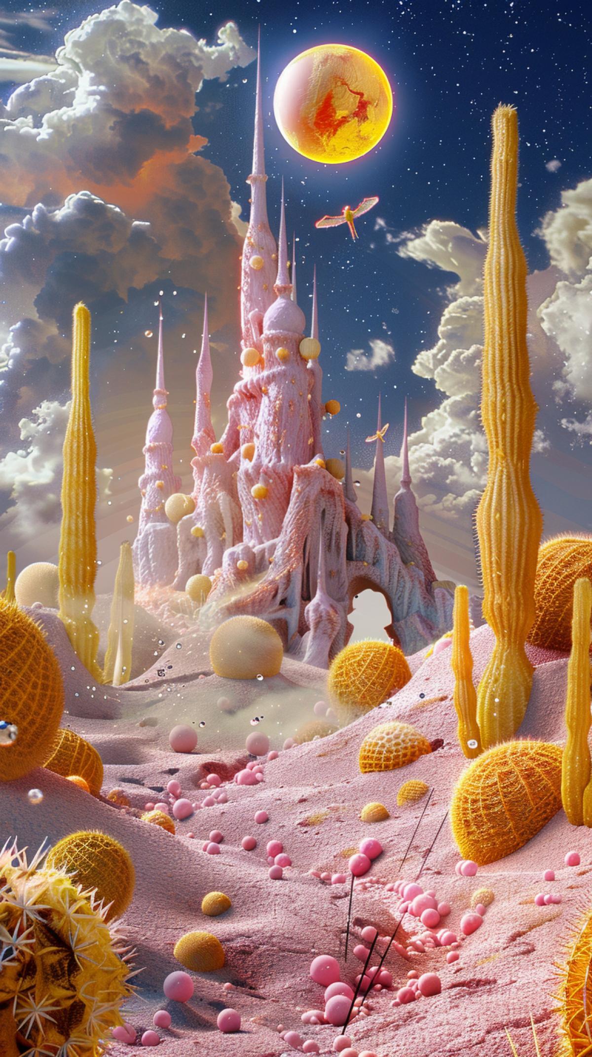 landscape in the desert: night, a castle made of sand of rounded shapes, pink sand, yellow tubular trees, a landscape of cacti, balls of grass Tumbleweeds, a cluster of clouds, a small chameleon, flying spheres, beautiful tenderness, glitter sparkles, the wind blows, textured dark sand , 3D, neon rays of light, yellow, orange, symbiosis, horror, dark pumice, smoke, movement of velvety dunes, surrealism, hyper-detailed, hyperrealism, HDR, high resolution