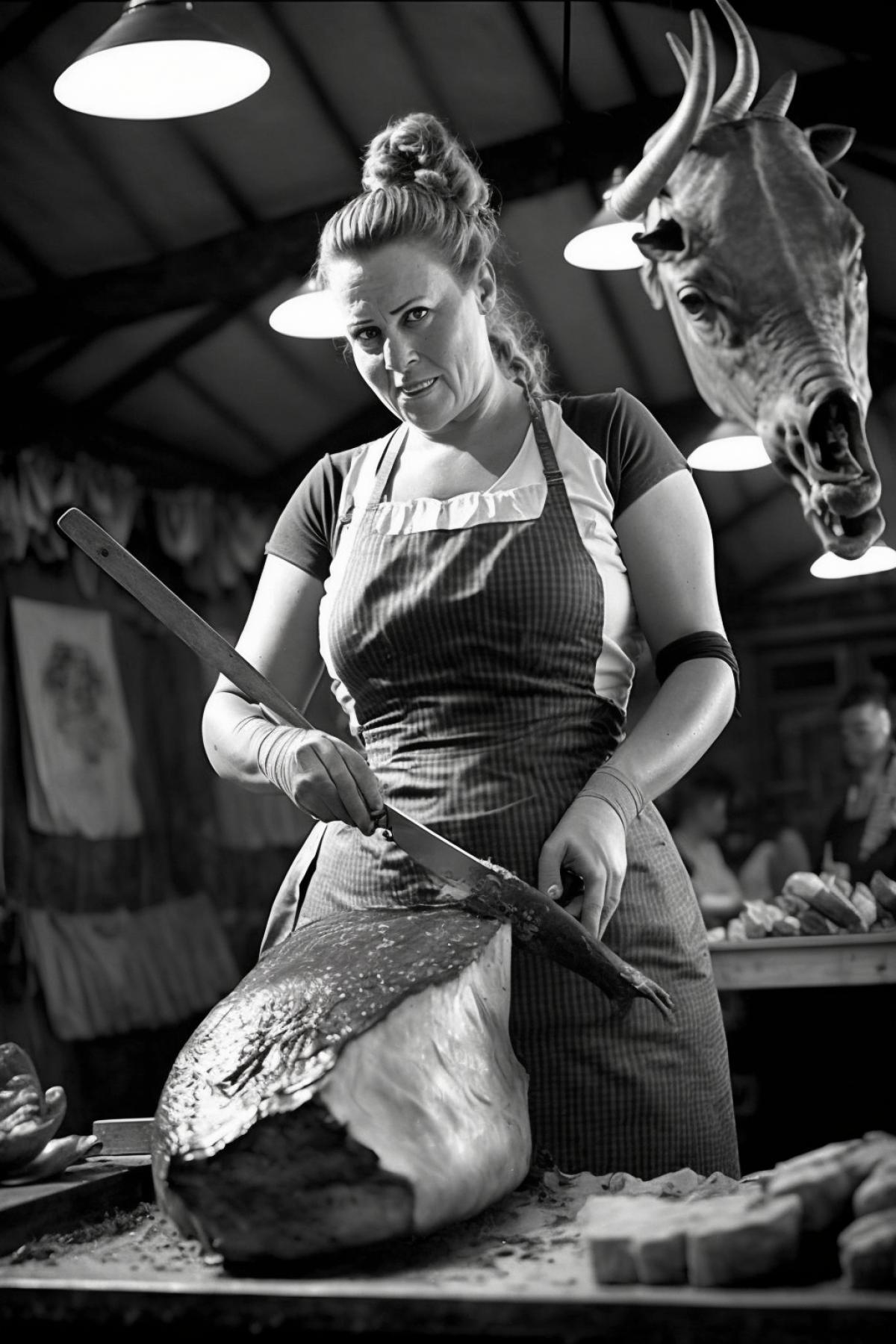 A woman butcher at a market in Bavaria chops a pork carcass with an ax. Photography with a professional camera.