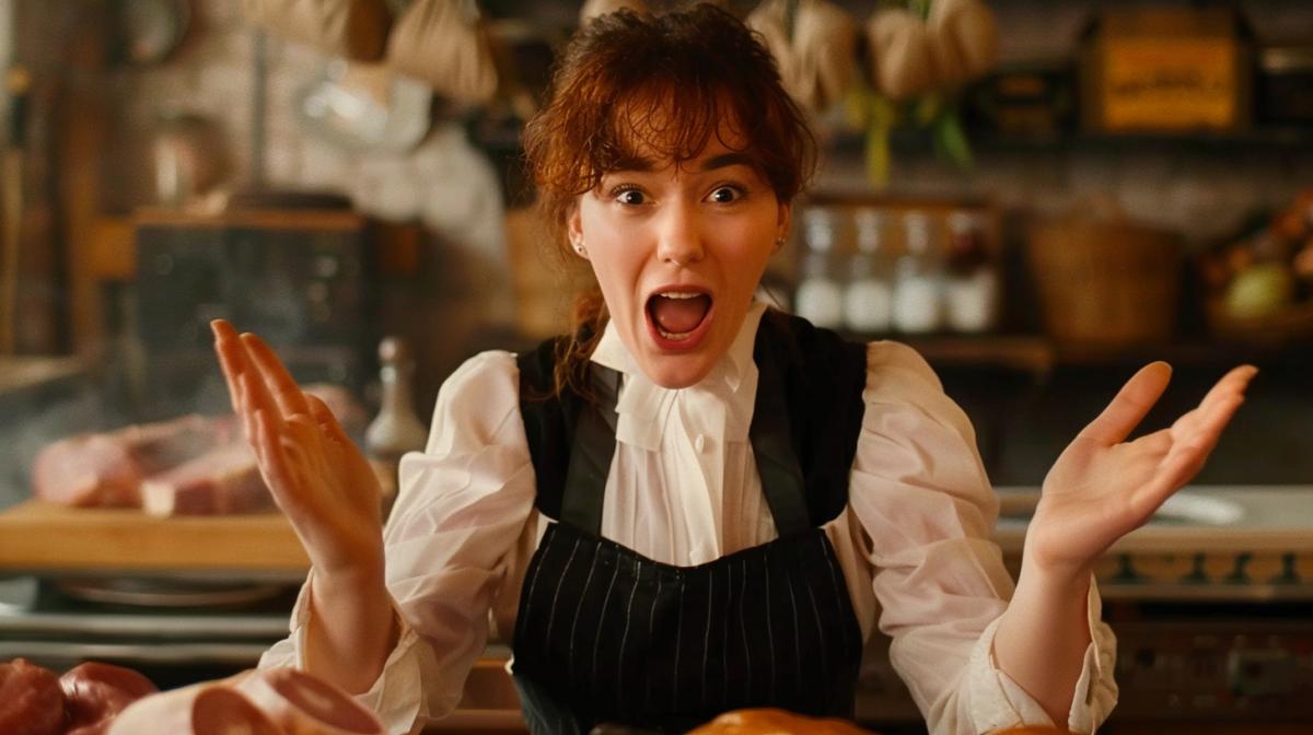 The woman butcher is sitting at the table with a surprised expression on her face.