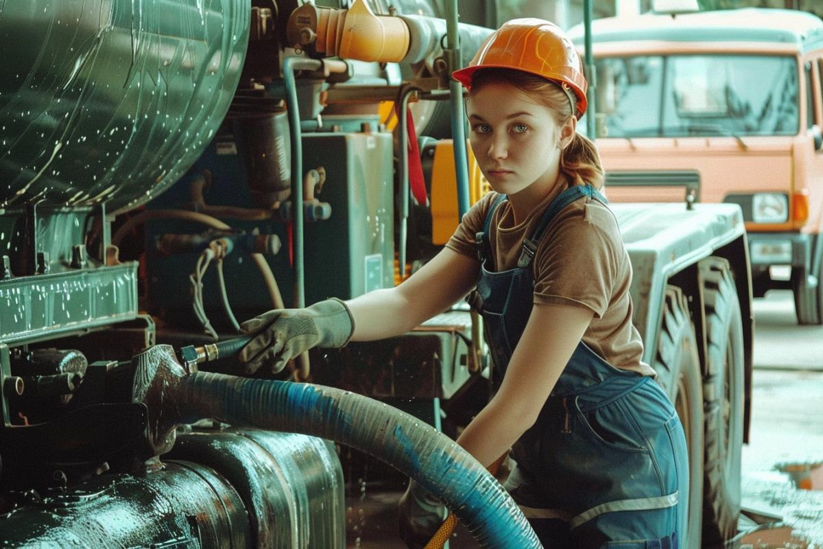 A sporty girl in is operating a plumb. There is a plumber machine  next to her. The photo is done in the style of a poster from magazine.