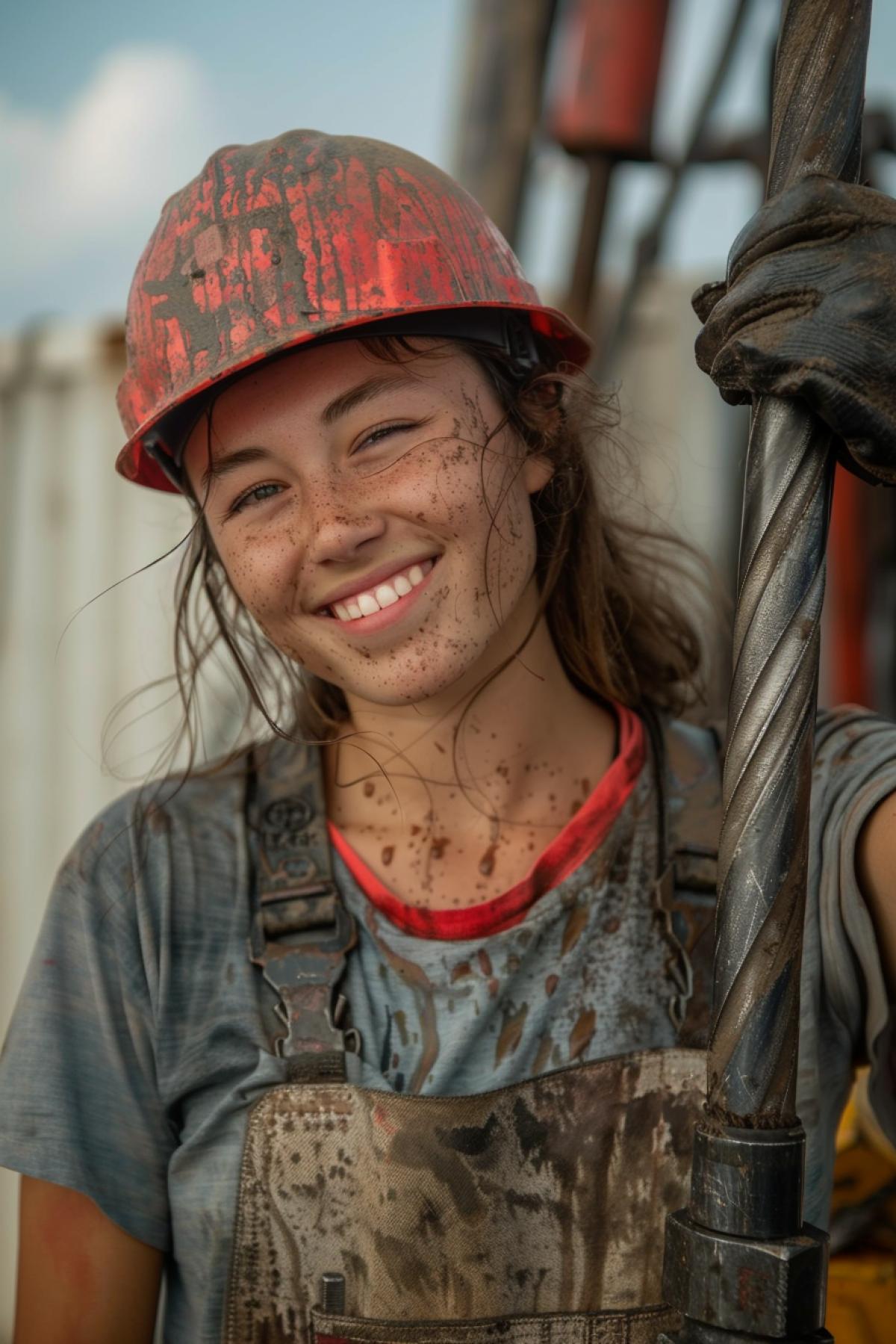 Cute Oiler Girl at work, T-shirt is stained with oil, holding an adjustable wrench, tired, sweaty, on a drilling rig