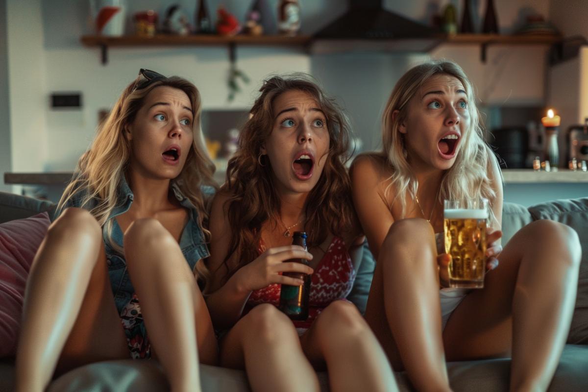 Three girls on the couch with beer are watching a football match very, very emotionally.