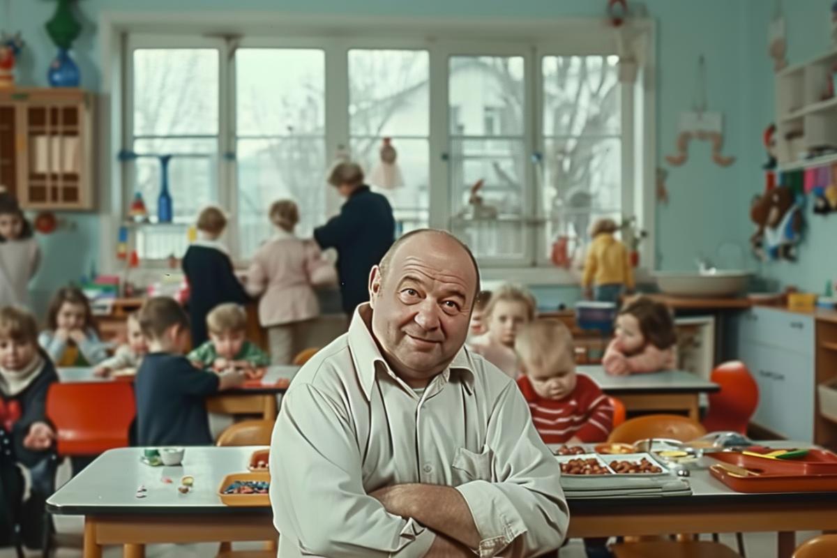 A large, kind-hearted bald man works as a caregiver in a kindergarten. The photo conveys a mood of nostalgia and hope.