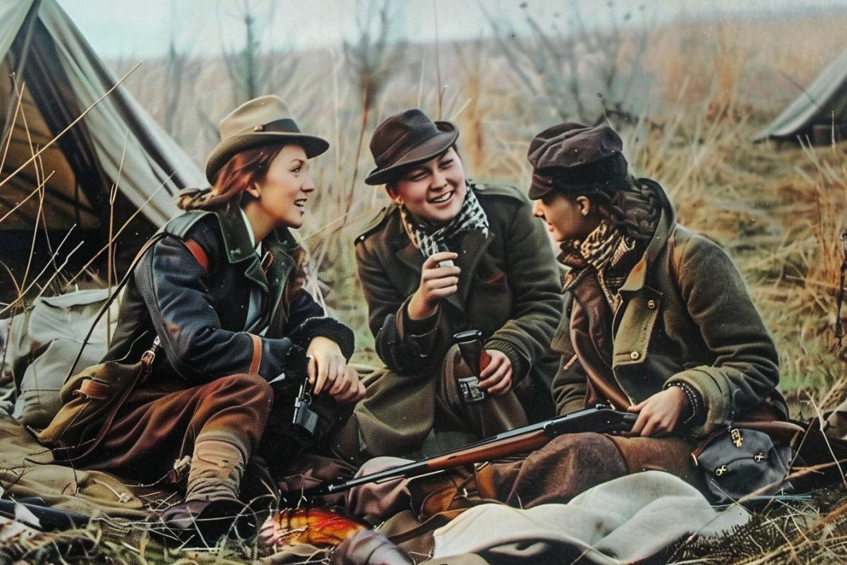 Hunting. Three young women are sitting at a campsite. They are dressed in typical hunting attire. Next to them are wine, guns, and game. The women are engaged in lively conversation.