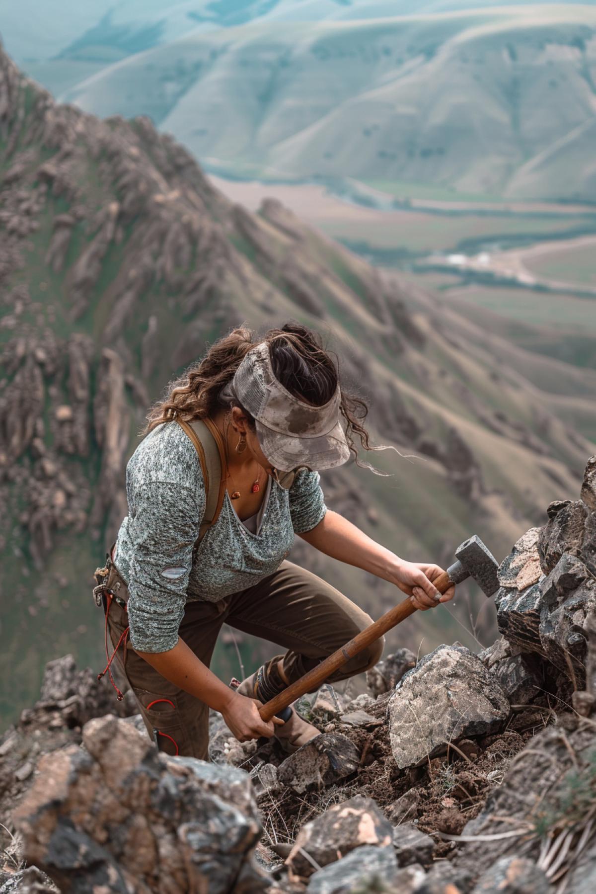 high quality modern photography. woman with a pick-hammer in a mountainous area works near a rock