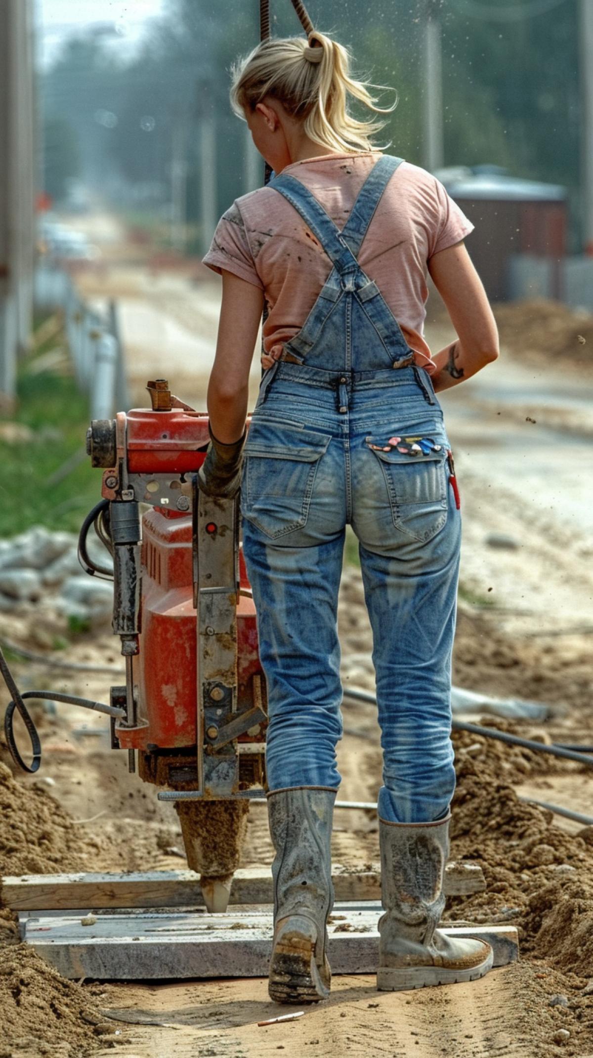 Woman road worker in the process of work