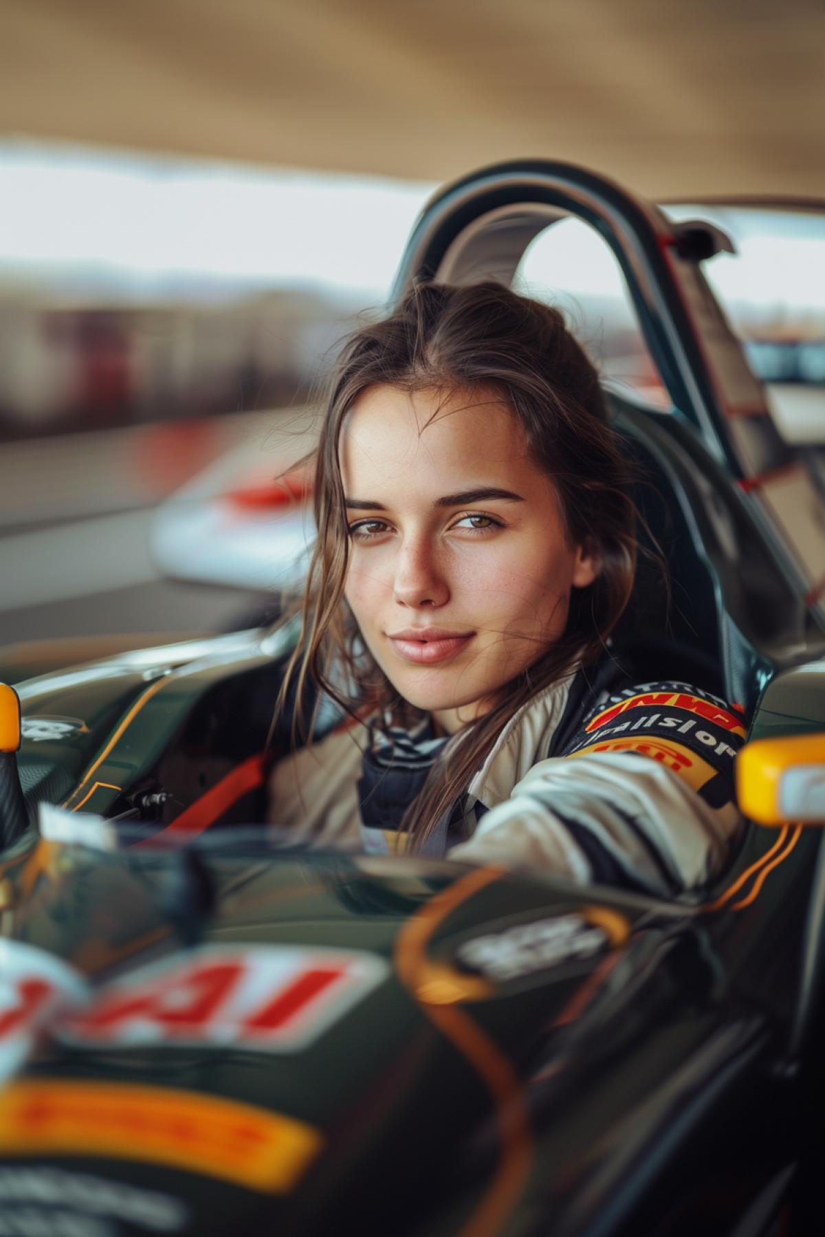 A flirtatious girl driving a formula one car, winking playfully, strong and independent. General plan photography, poster format