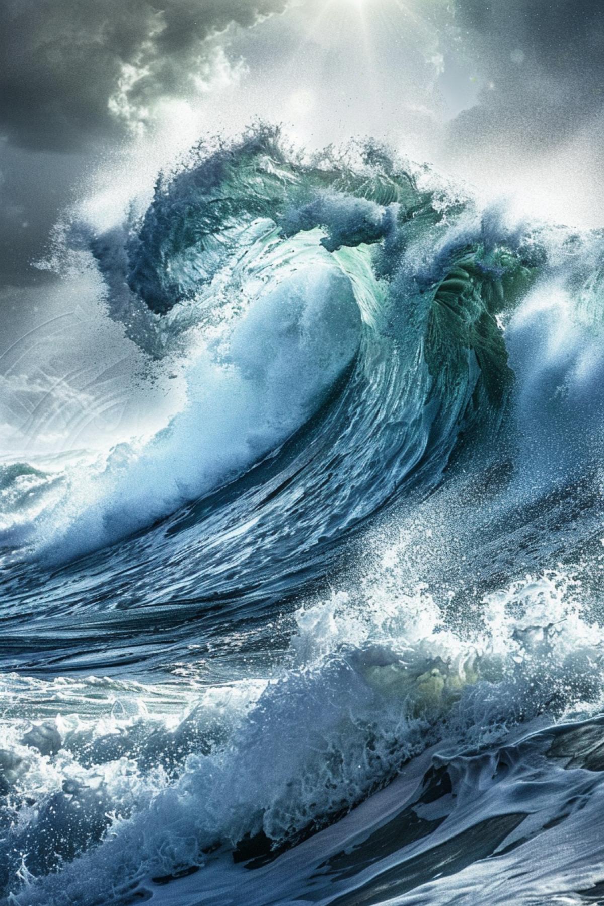Huge waves in the ocean at sunrise. Storm. Splashing. The glare. Faint rays breaking through the gray clouds.
