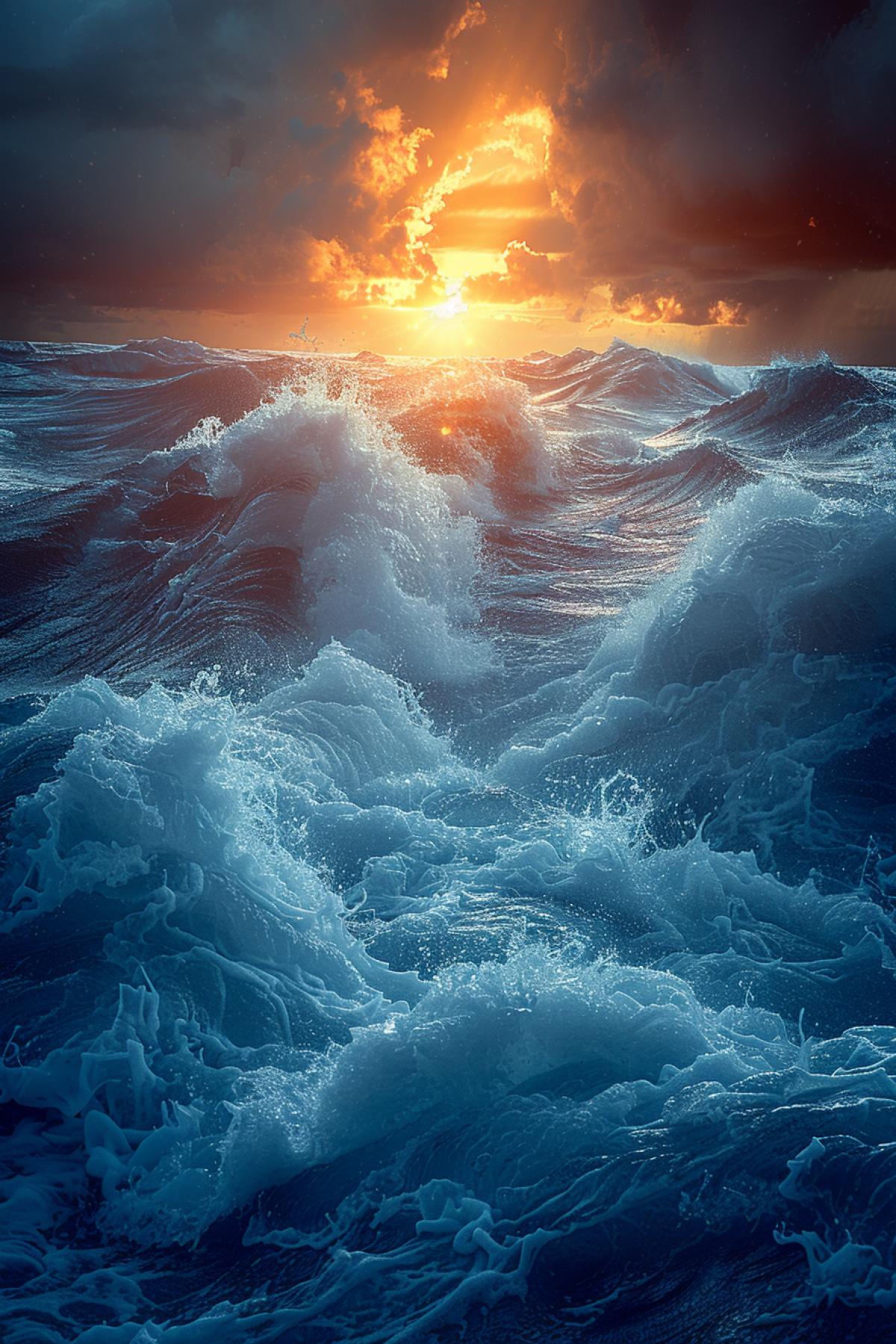 Huge waves in the ocean at sunrise. Storm. Splashing. The glare. Faint rays breaking through the gray clouds.