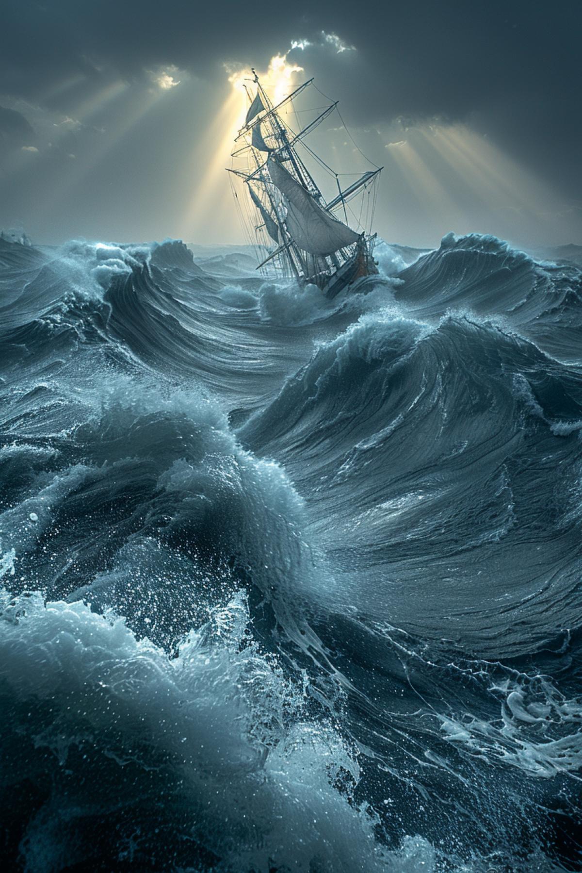 Huge waves in the ocean at sunrise. Storm. Splashing. The glare. Faint rays breaking through the gray clouds.