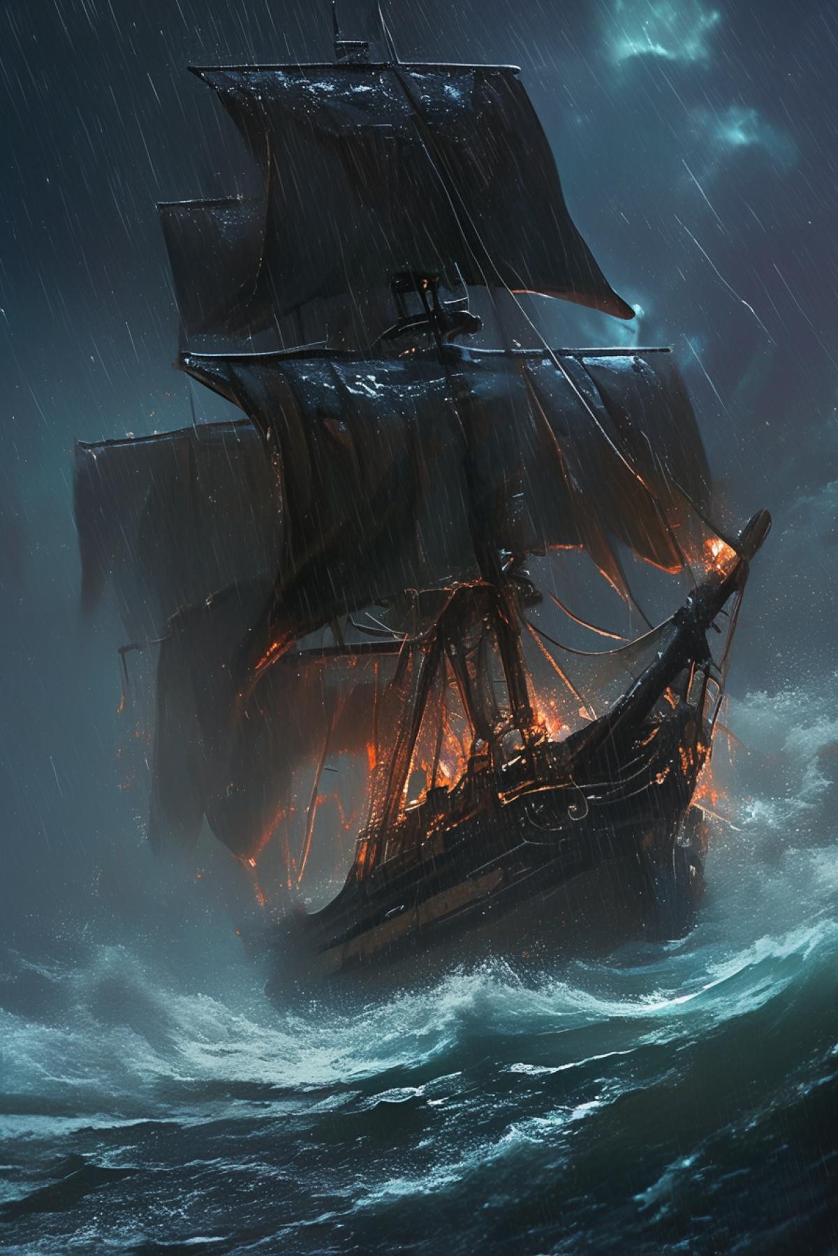 sailing pirate ship, storm, epic image, heavy rain, wind, strong wind effect, big waves, dark fantasy, lightning, night, highly detailed, packed with hidden details, style, high dynamic range, hyper realistic, realistic attention to detail, highly detailed, 32K, realism, colorful realism, extreme close up