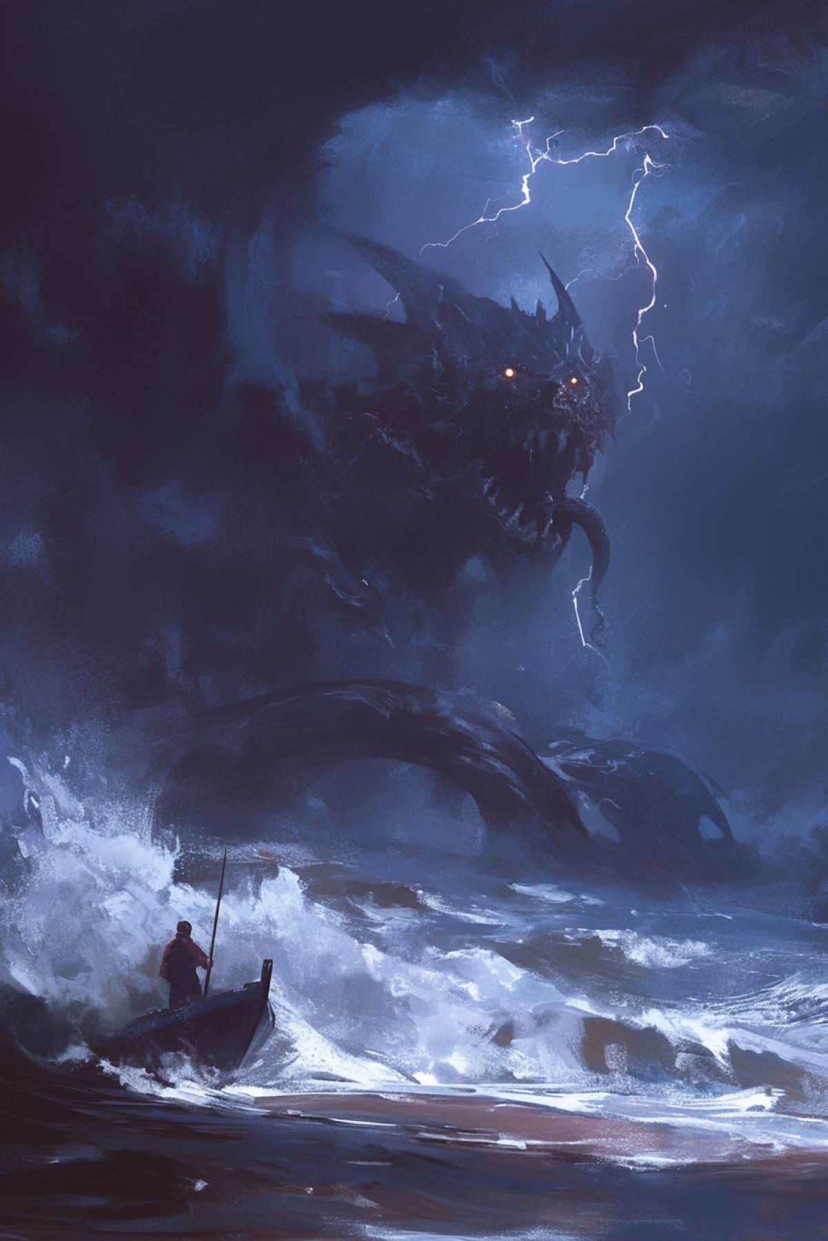storm in the ocean, night, lightning, dark sky, dark waves, nightmare, by Jakub Rozalski