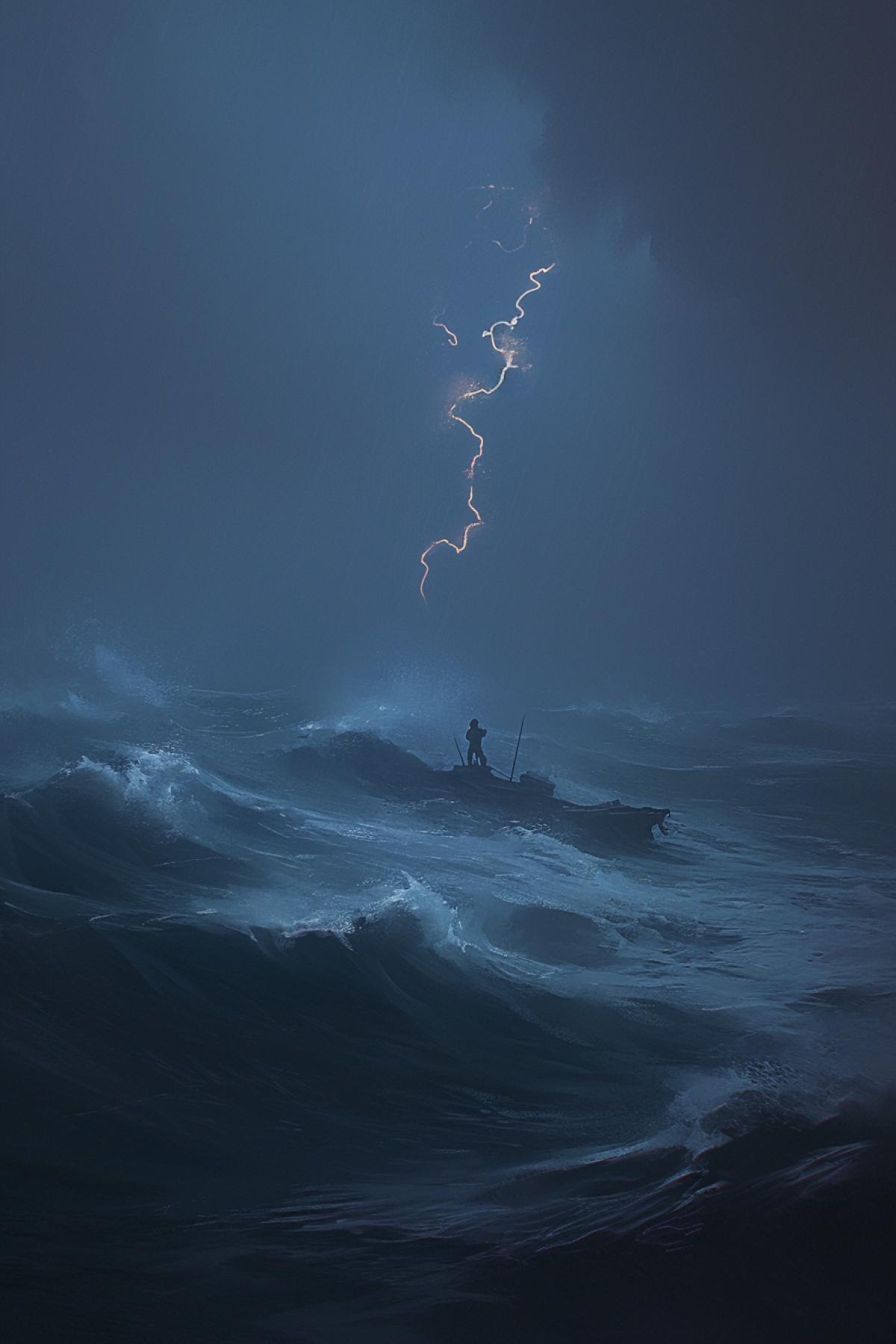 storm in the ocean, night, lightning, dark sky, dark waves, nightmare, by Jakub Rozalski
