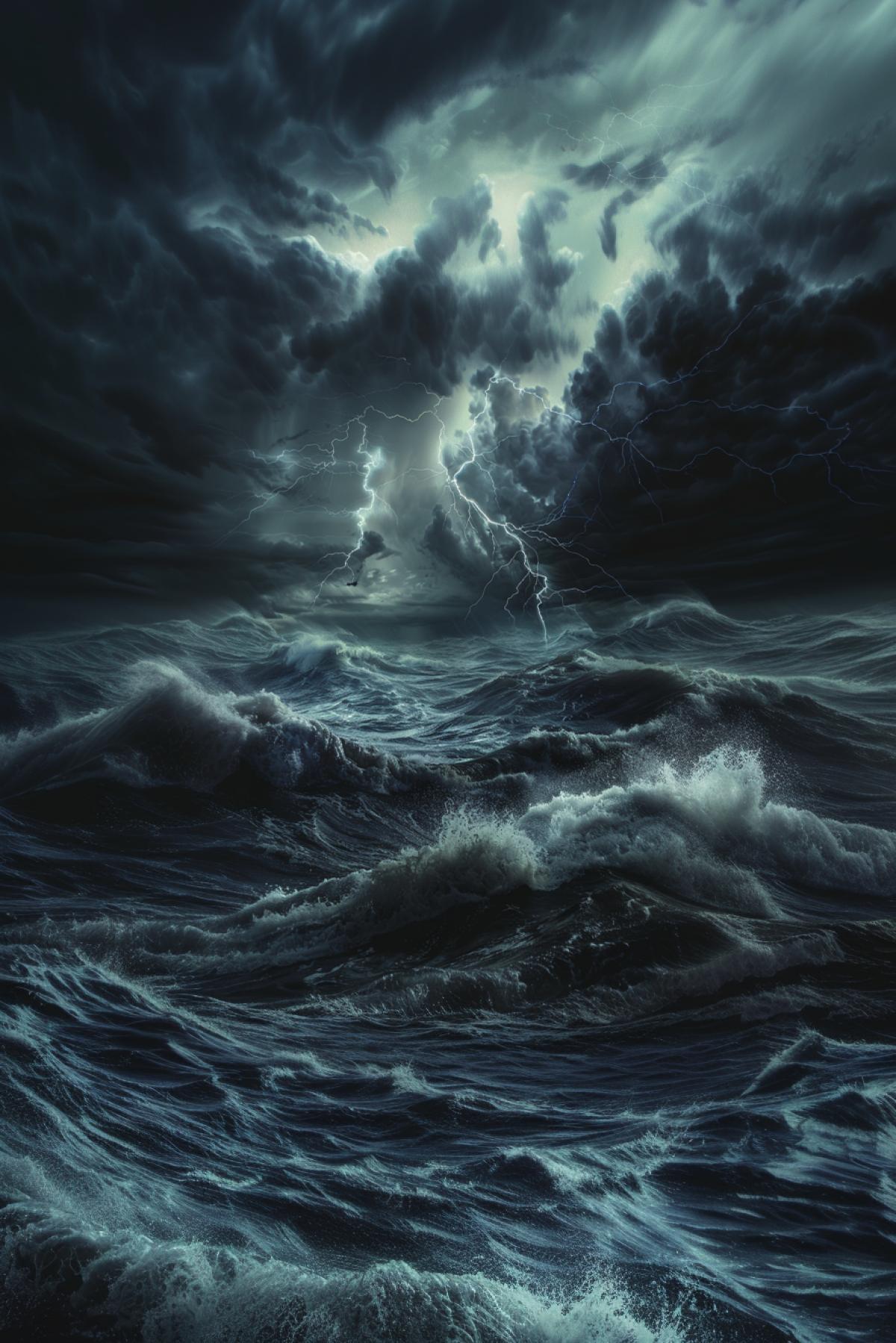 Storm on the ocean, parallel world, flickering, realistic image