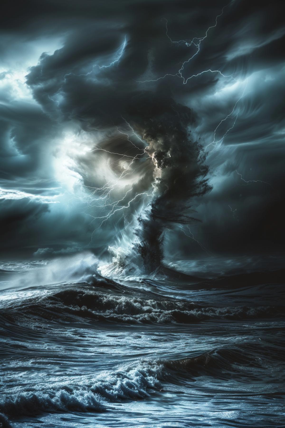 Storm in the ocean, tornado from sky to ocean, lightning, fear, power, flicker, realistic image