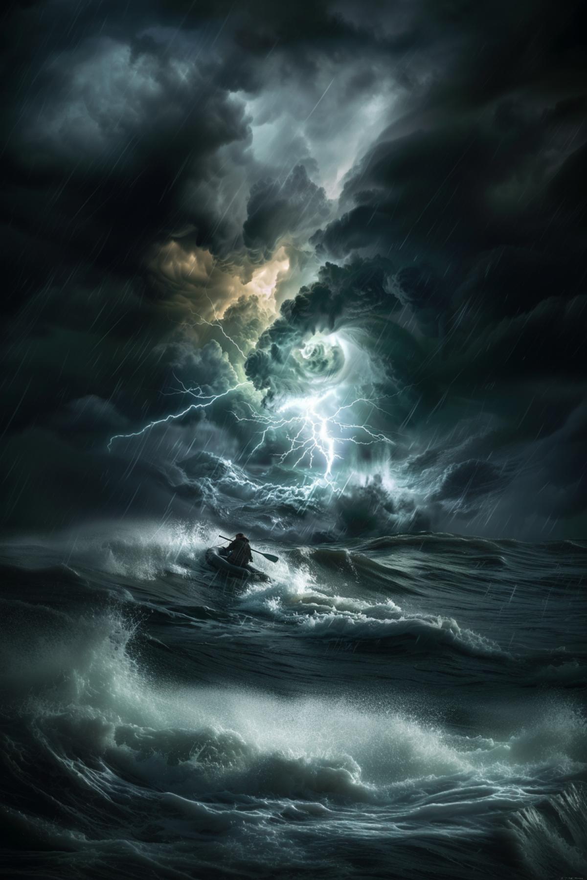 Man on a raft, Storm in the ocean, tornado from sky to ocean, lightning, fear, power, flicker, realistic image