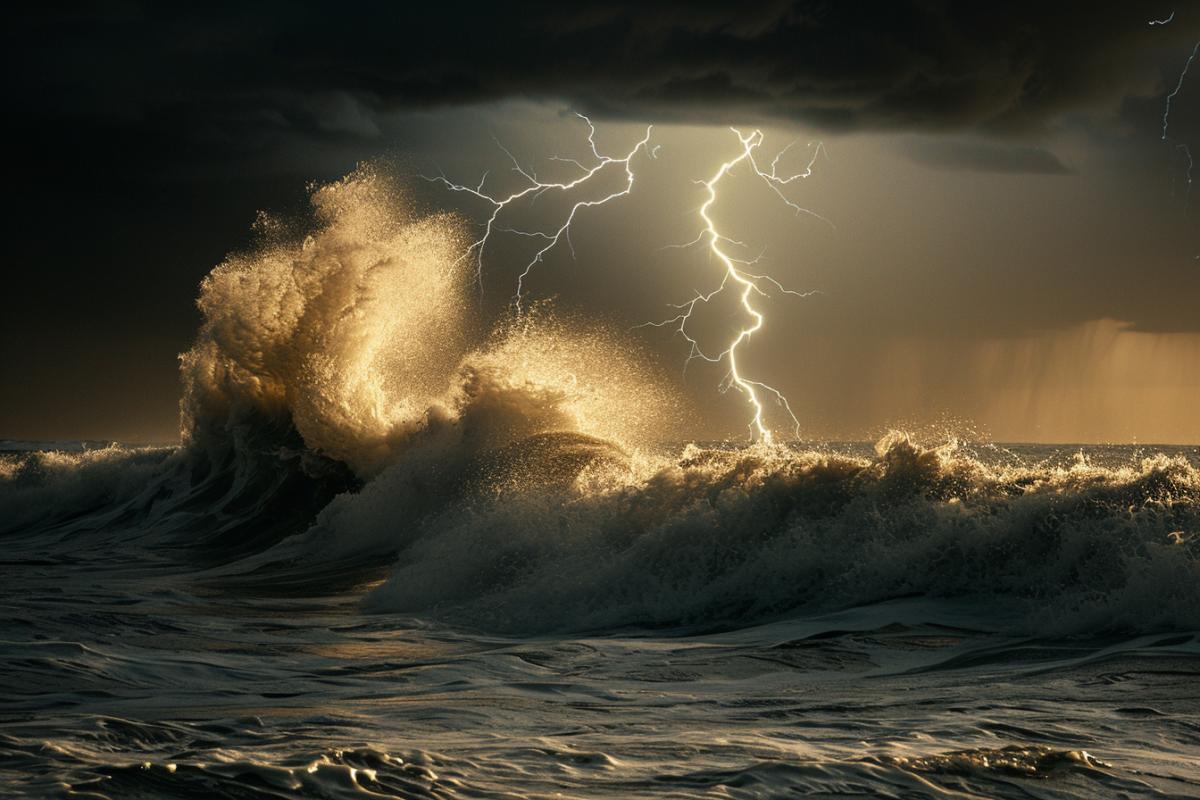 storm, lightning storm. on the crest of a wave a detailed of jewels