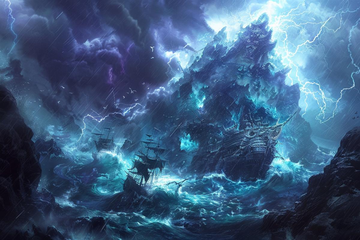 storm, tempest, lightning, raft, detailed of jewels